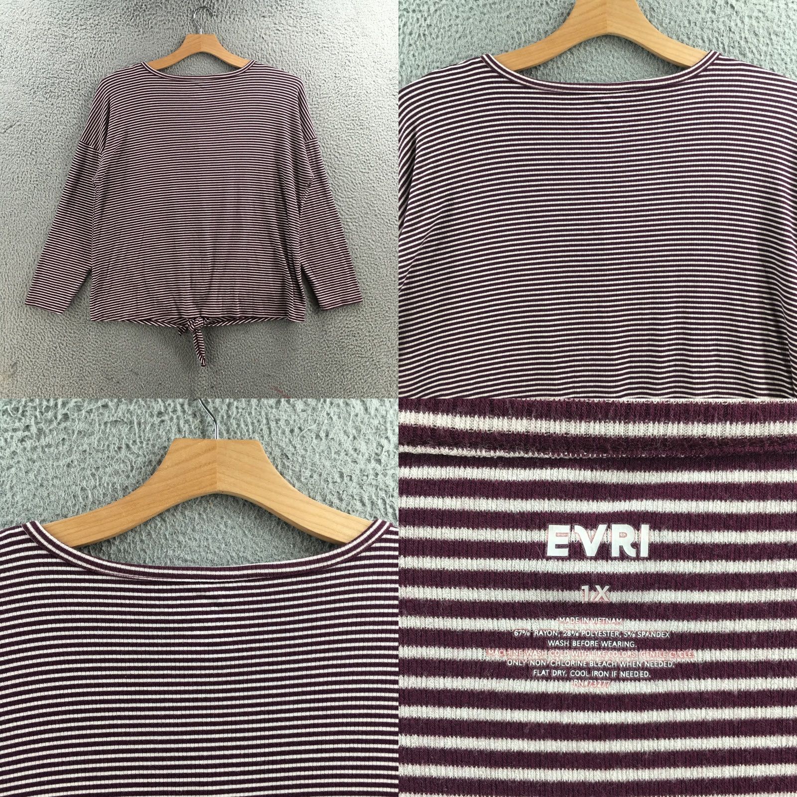 Vintage Evri Button Up Tee Casual Top Womens 1X Burgundy Striped Tie Front Long Sleeve Shirt Ladies 1X Red Size XL / US 12-14 / IT 48-50 - 8 Thumbnail