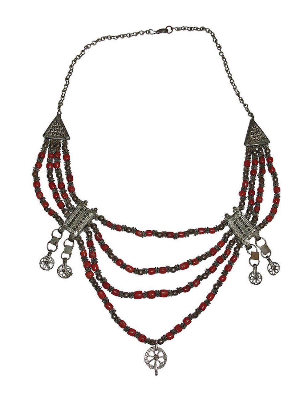 Designer Yemenite Necklace Silver Filigree Mediterranean Red Bead Size ONE SIZE - 2 Thumbnail