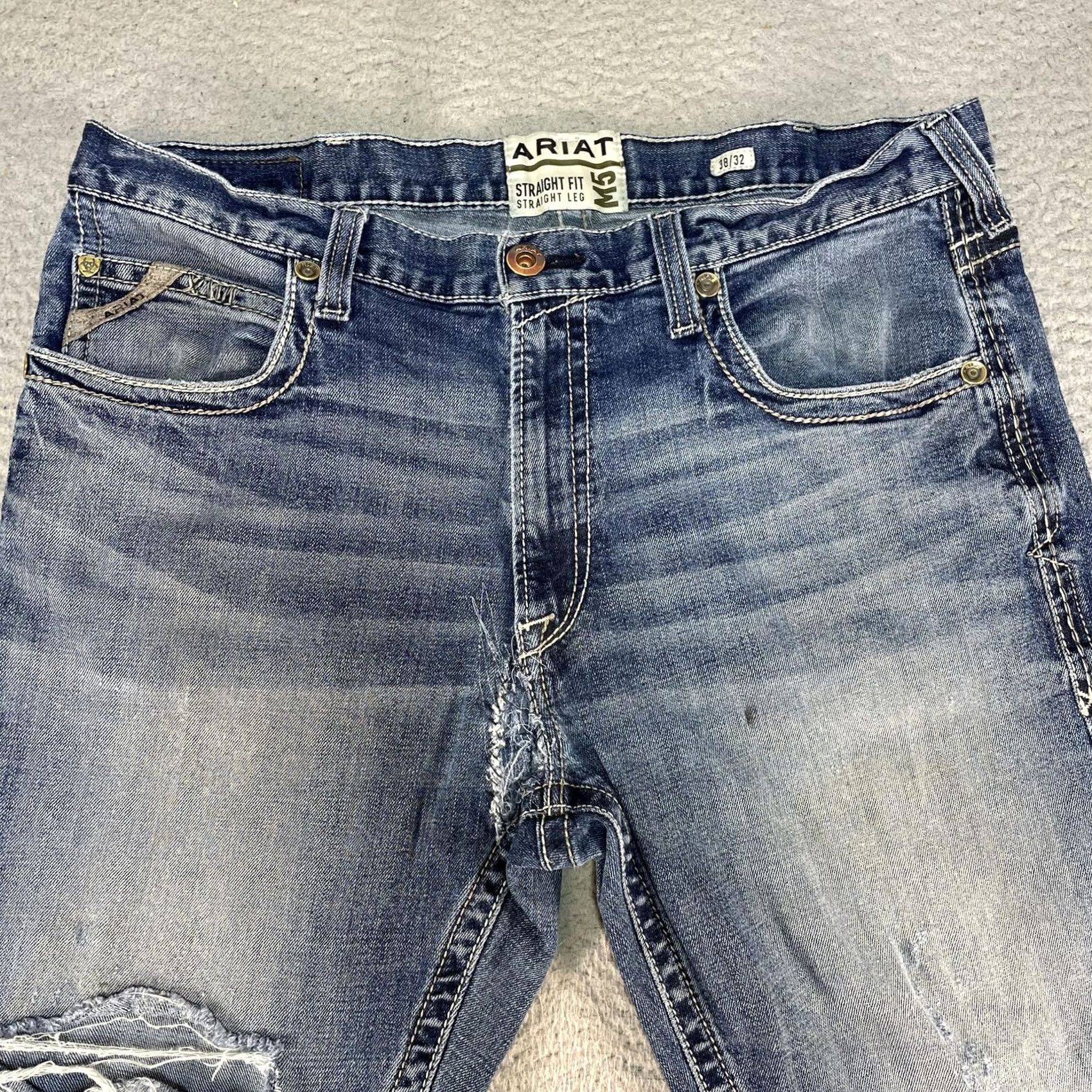 Ariat Ariat M5 Straight Fit Jeans Mens 38x32 Blue Denim Distressed Stretch Western Pockets Logo M5 Straight Fit Straight Leg Rodeo Anticipated Size US 38 / EU 54 - 2 Thumbnail