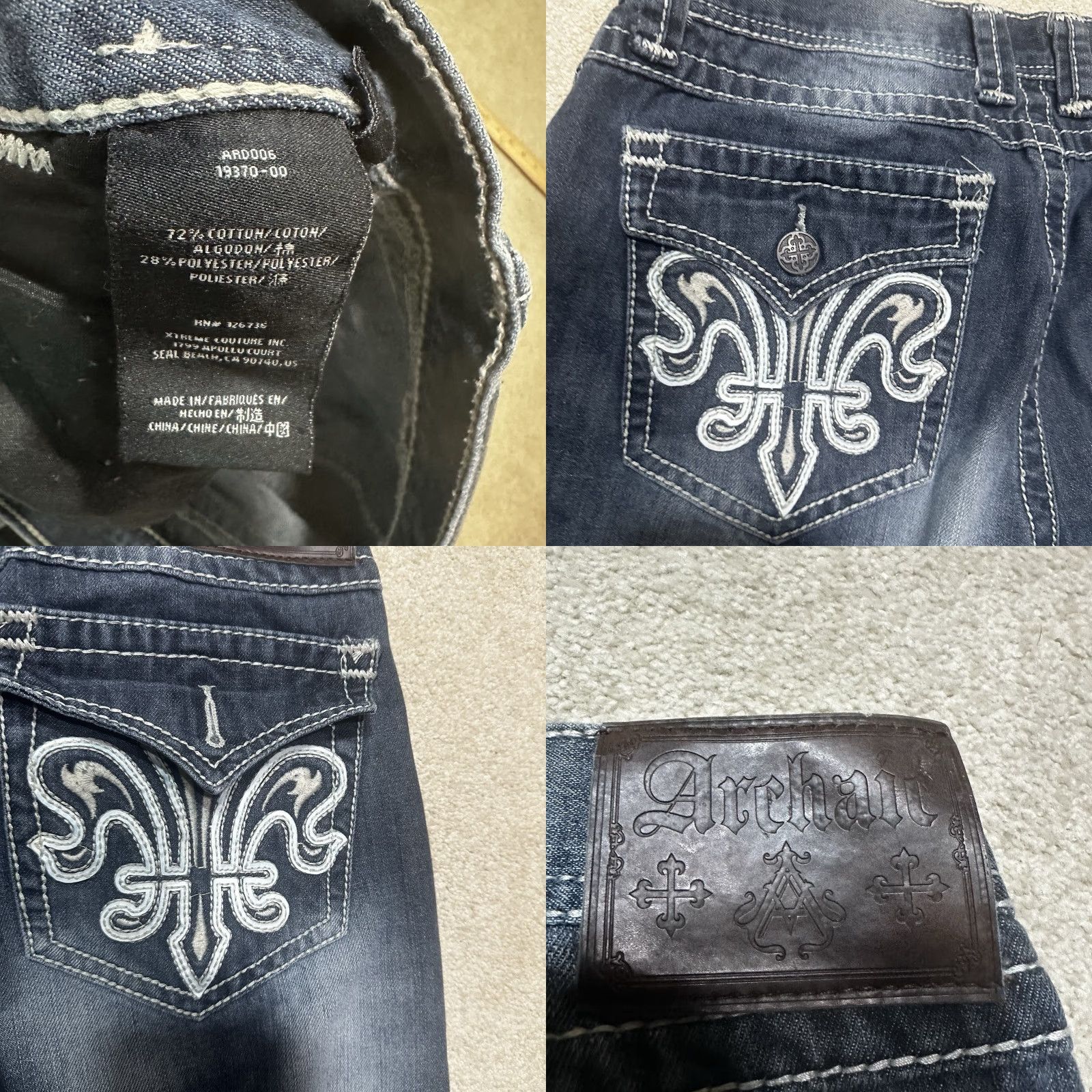 Denime Archaic Premium Jeans Mens 32x32 Denim Blue Embroidered Le Fleur Distressed 5-Pocket Regular Fit Jeans Men Size US 32 / EU 48 - 8 Thumbnail