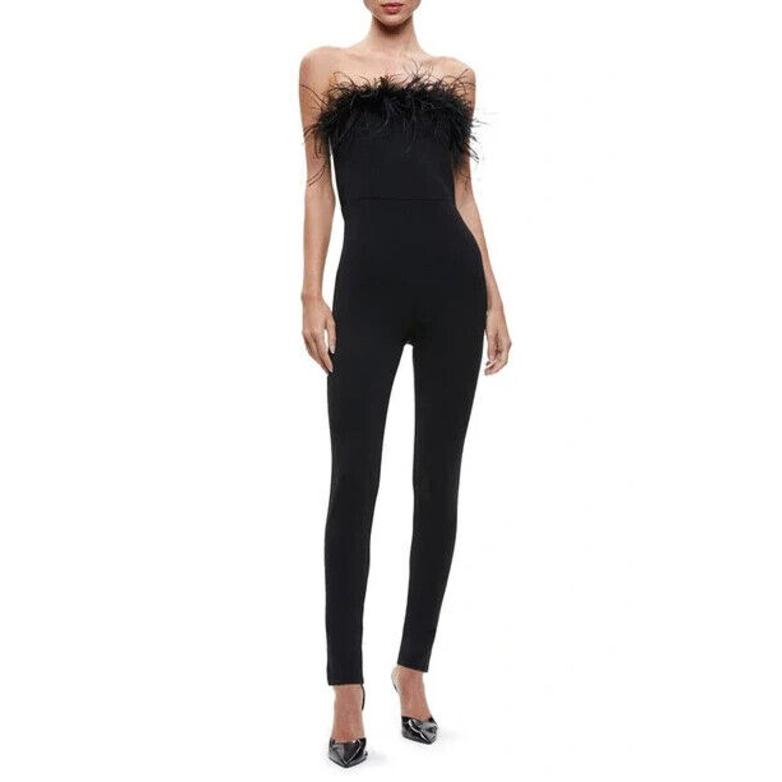 Alice + Olivia ALICE & OLIVIA IDELL FEATHER TRIM JUMPSUIT PANTS BLACK SZ 10 Size 32" / US 10 / IT 46 - 1 Thumbnail