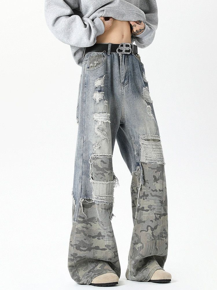 Japanese Brand Street men's loose stitching wide-leg straight ripped jeans Size US 32 / EU 48 - 4 Thumbnail