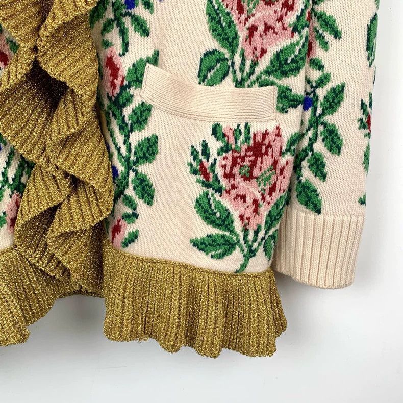 Gucci Gucci Ruffle decorative floral pattern inlaid V-neck wool m Size US XS / EU 42 / 0 - 4 Thumbnail
