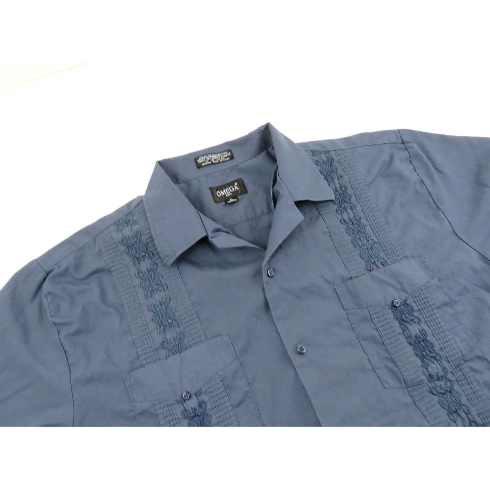 Omega VINTAGE Blue Embroidered Shirt Mens XL 80s Guayabera Aztec Camp Size 46R - 3 Thumbnail
