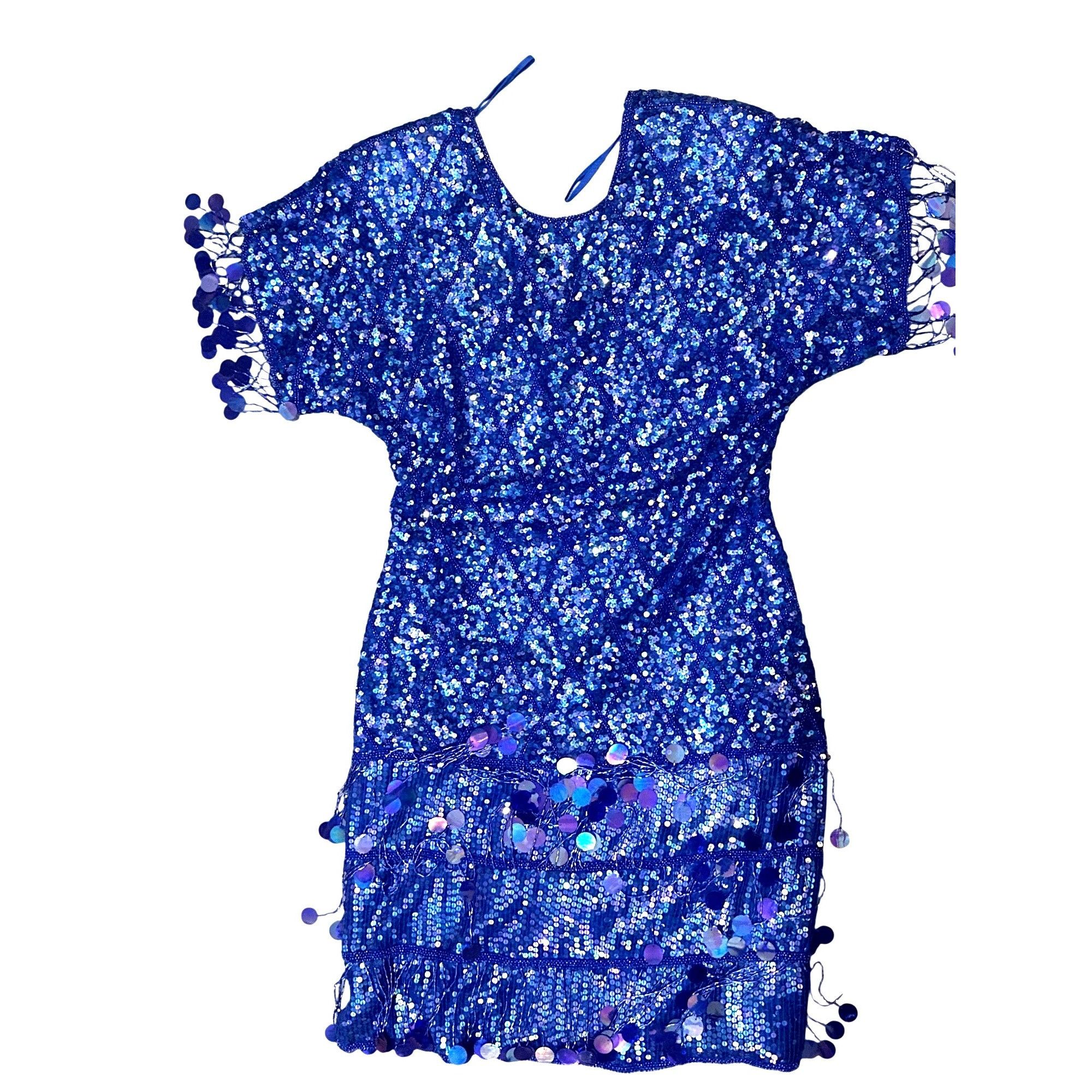 Scala Silk Sequin Medium Fringe Flapper Dress Blue Beaded Ga