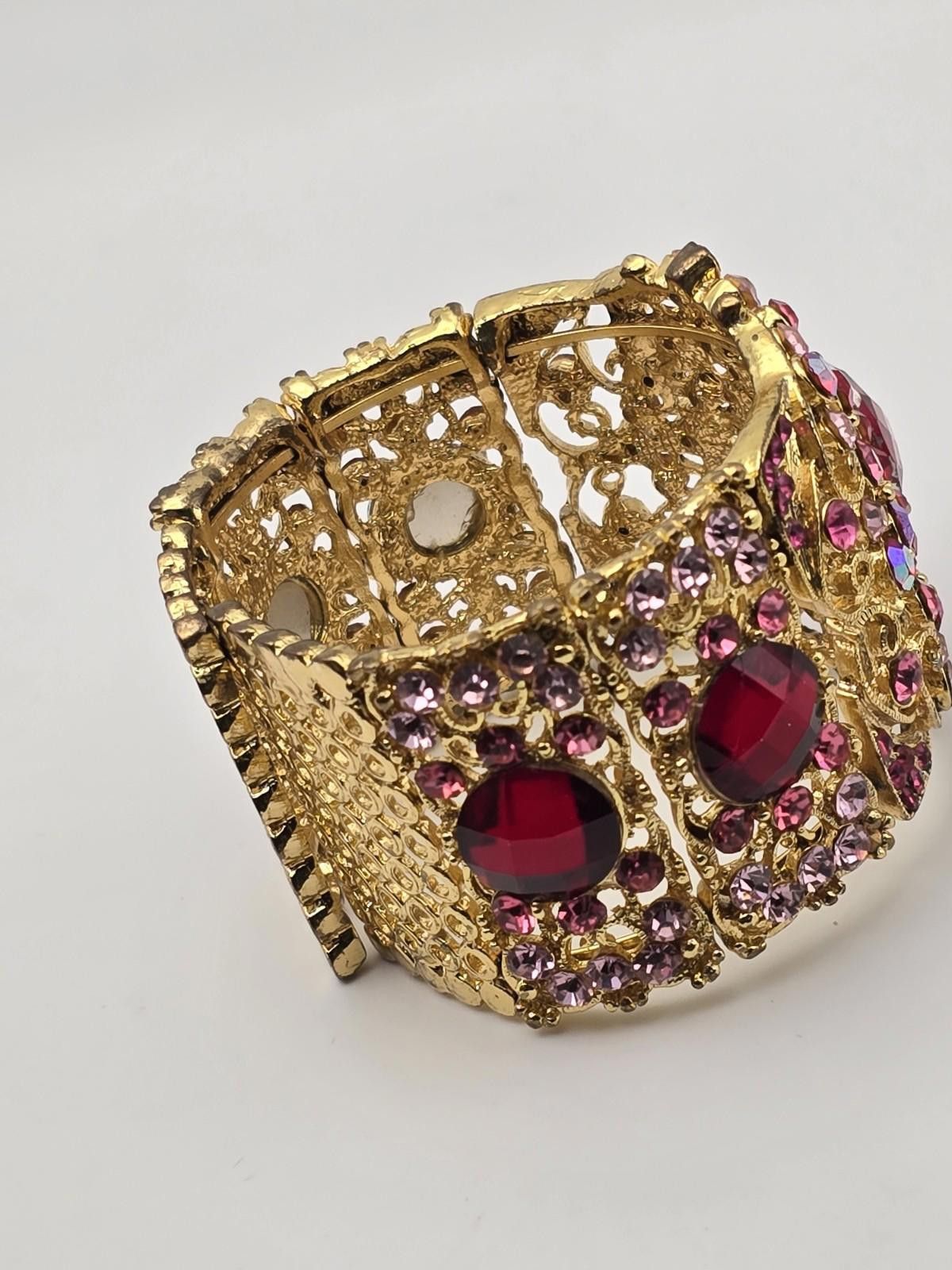 Pink Vintage Gold Tone Cuff Bracelet Pink/Red Rhinestones Baroque Size ONE SIZE - 3 Thumbnail