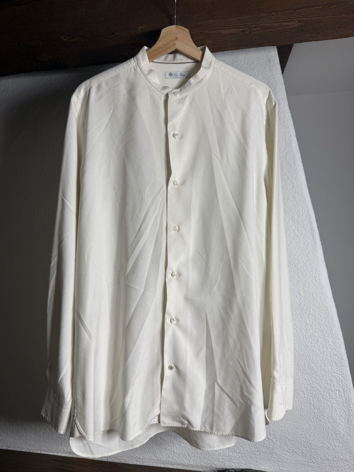 Loro Piana Ivory Silk Band Collar Shirt Size M Made in Italy