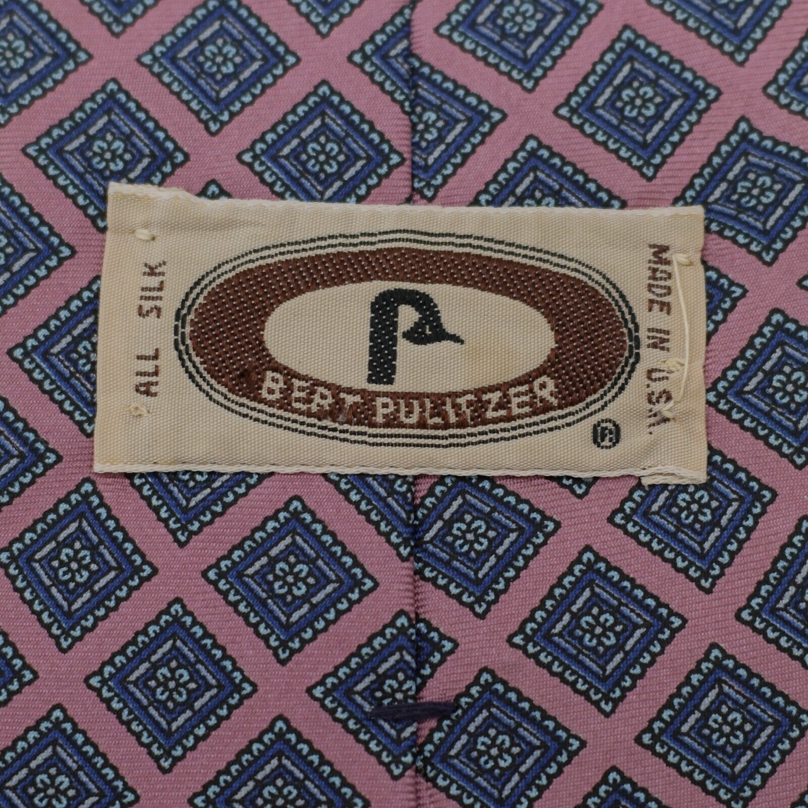 Bert Pulitzer Bert Pulitzer Pink Blue Geometric Print Short Silk Tie Size ONE SIZE - 3 Thumbnail