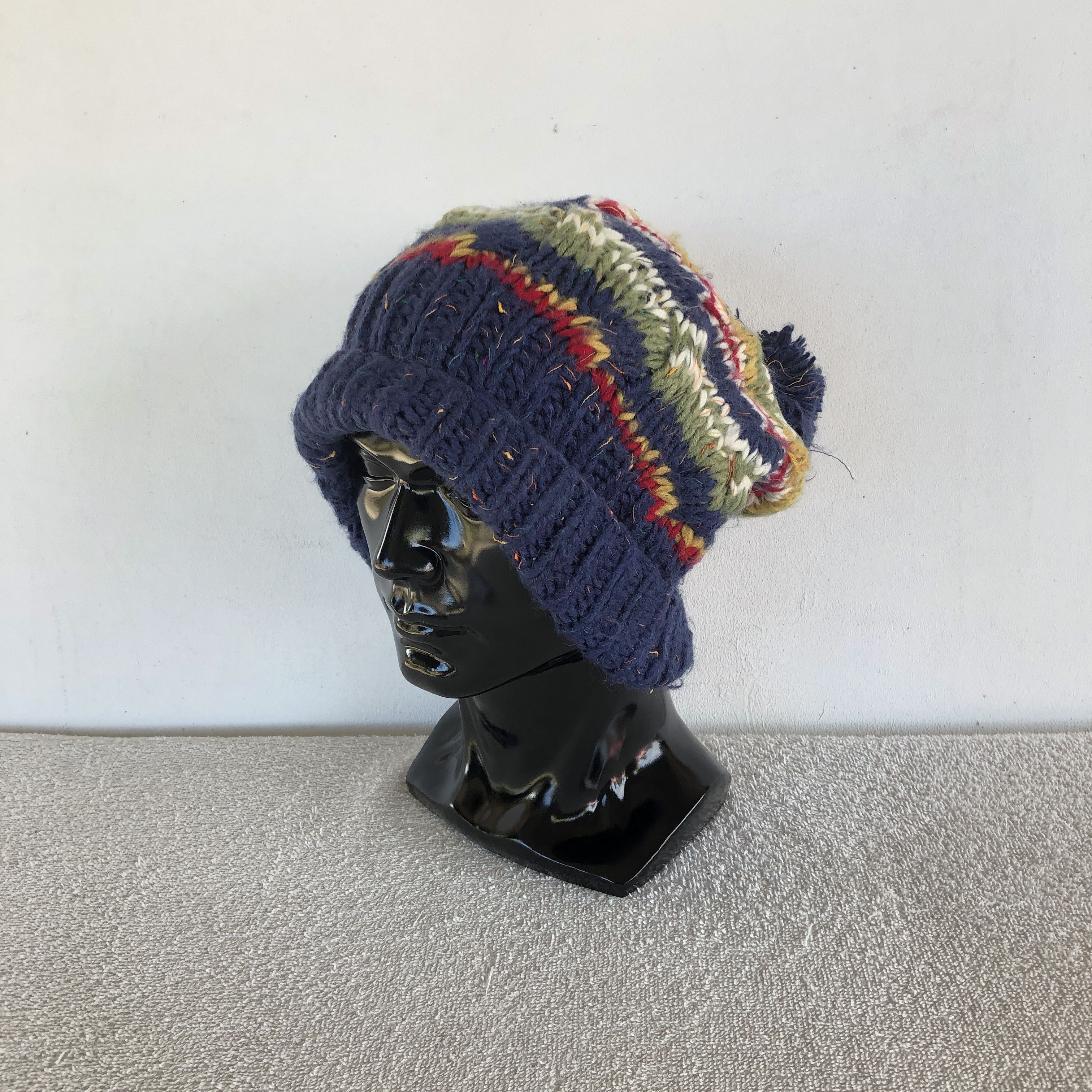 Japanese Brand Vintage 90s Slouchy Knit Beanie Pom Pom Snow Caps Hats Size ONE SIZE - 1 Thumbnail