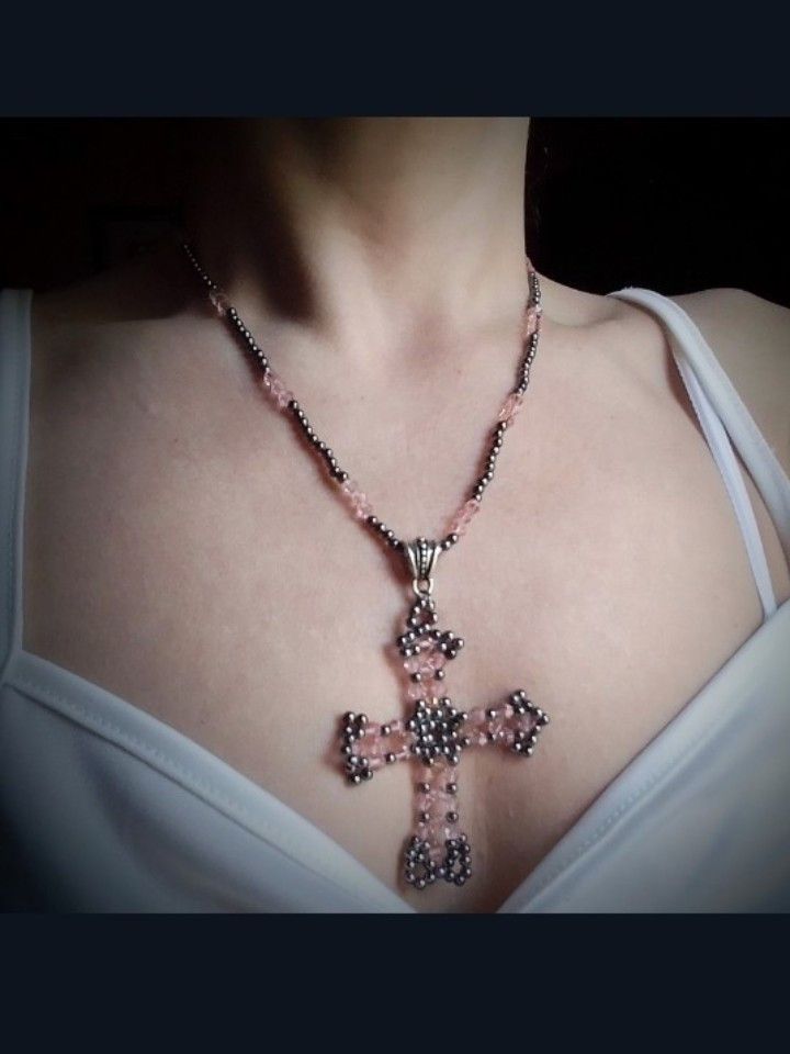 Handmade Necklace with cross pendant Earrings. Pink crystal+ brass Size ONE SIZE - 10 Thumbnail