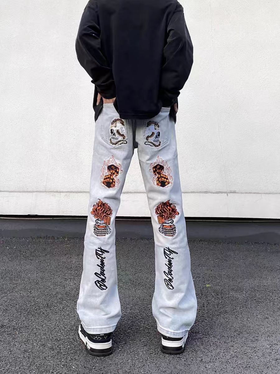 Designer × Jean × Vintage Street Hip Hop Flame Skull Embroidered Jeans Size US 34 / EU 50 - 1 Thumbnail