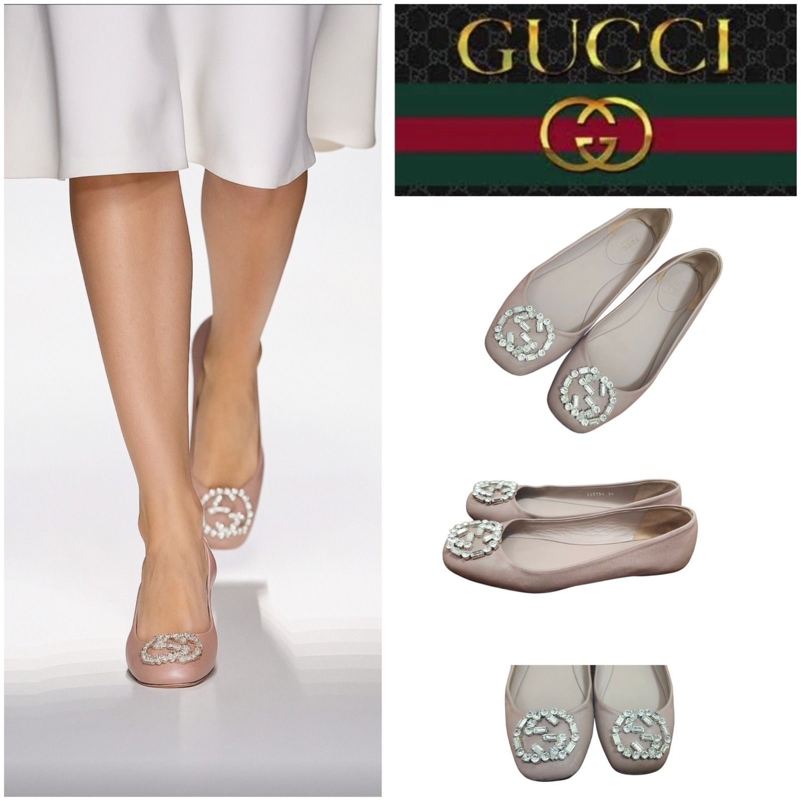 Gucci Gucci Women's Flats Pink Satin Square Toe GG Crystal Logo Size US 5.5 / IT 35.5 - 14 Thumbnail