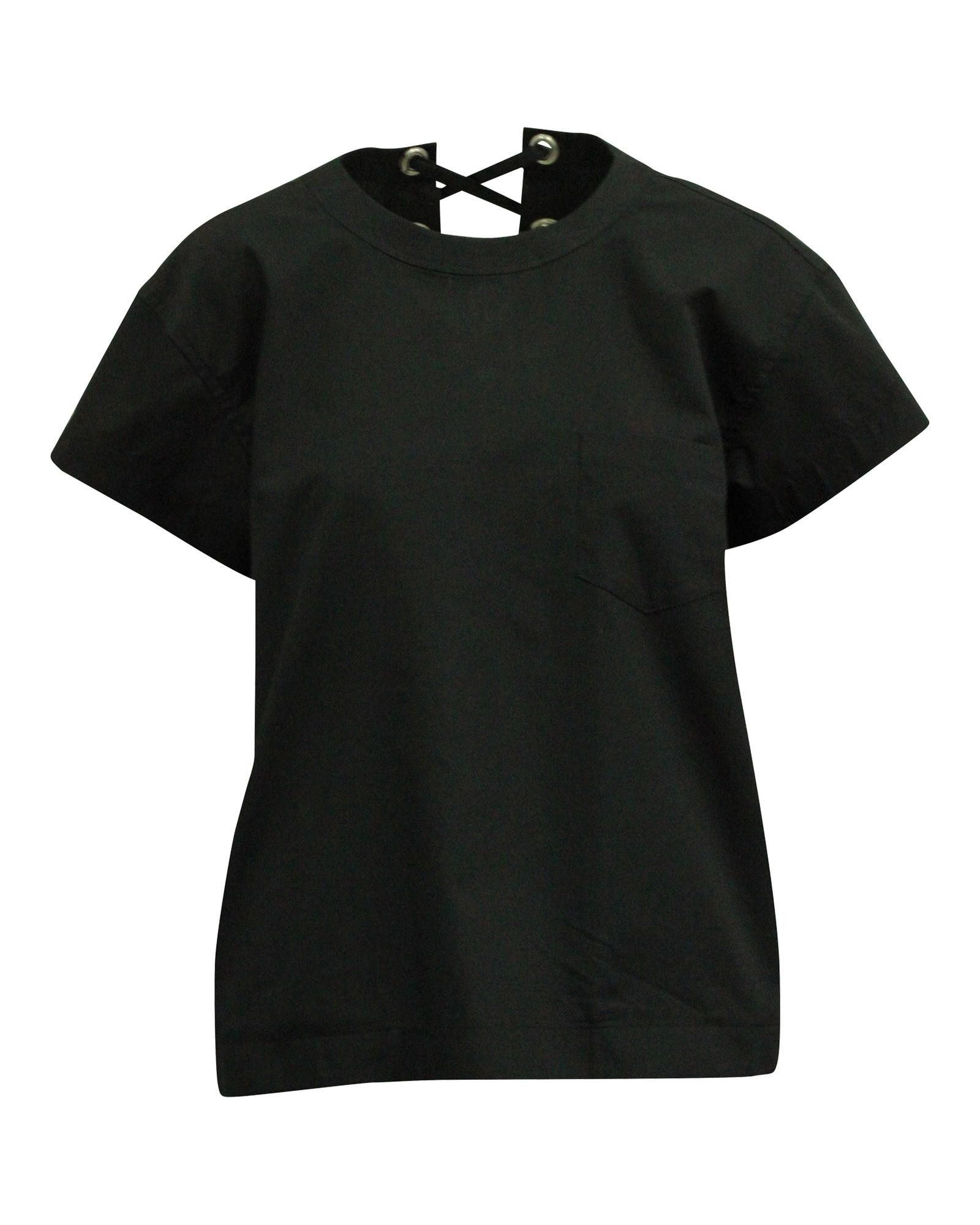 image of Sacai Laced-Up Back Short Sleeve Top In Black Poly Cotton, Women's (Size Small)