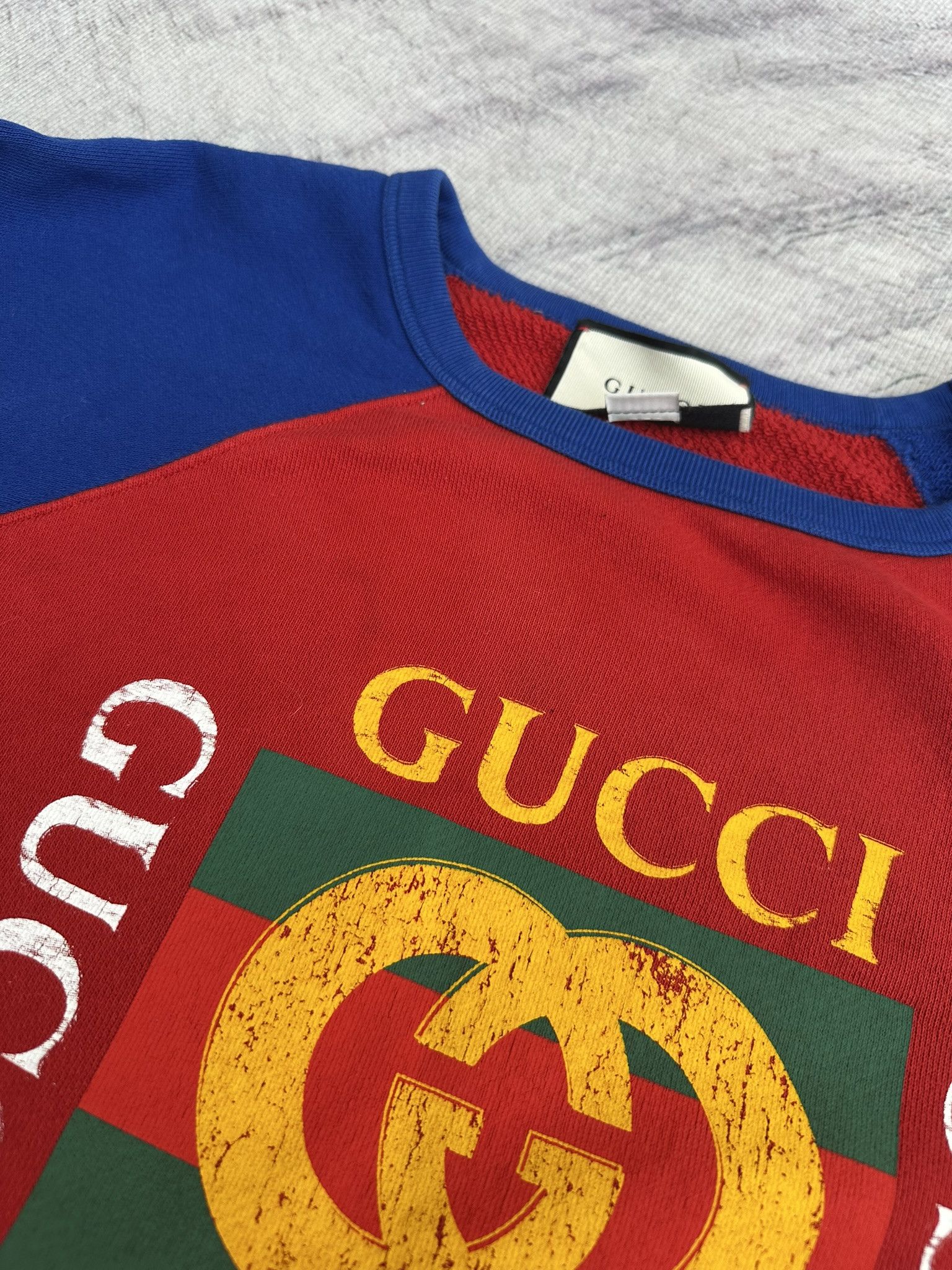 Gucci Gucci Sweatshirt Distressed Logo Print Red and Blue Crewneck Size US S / EU 44-46 / 1 - 7 Thumbnail