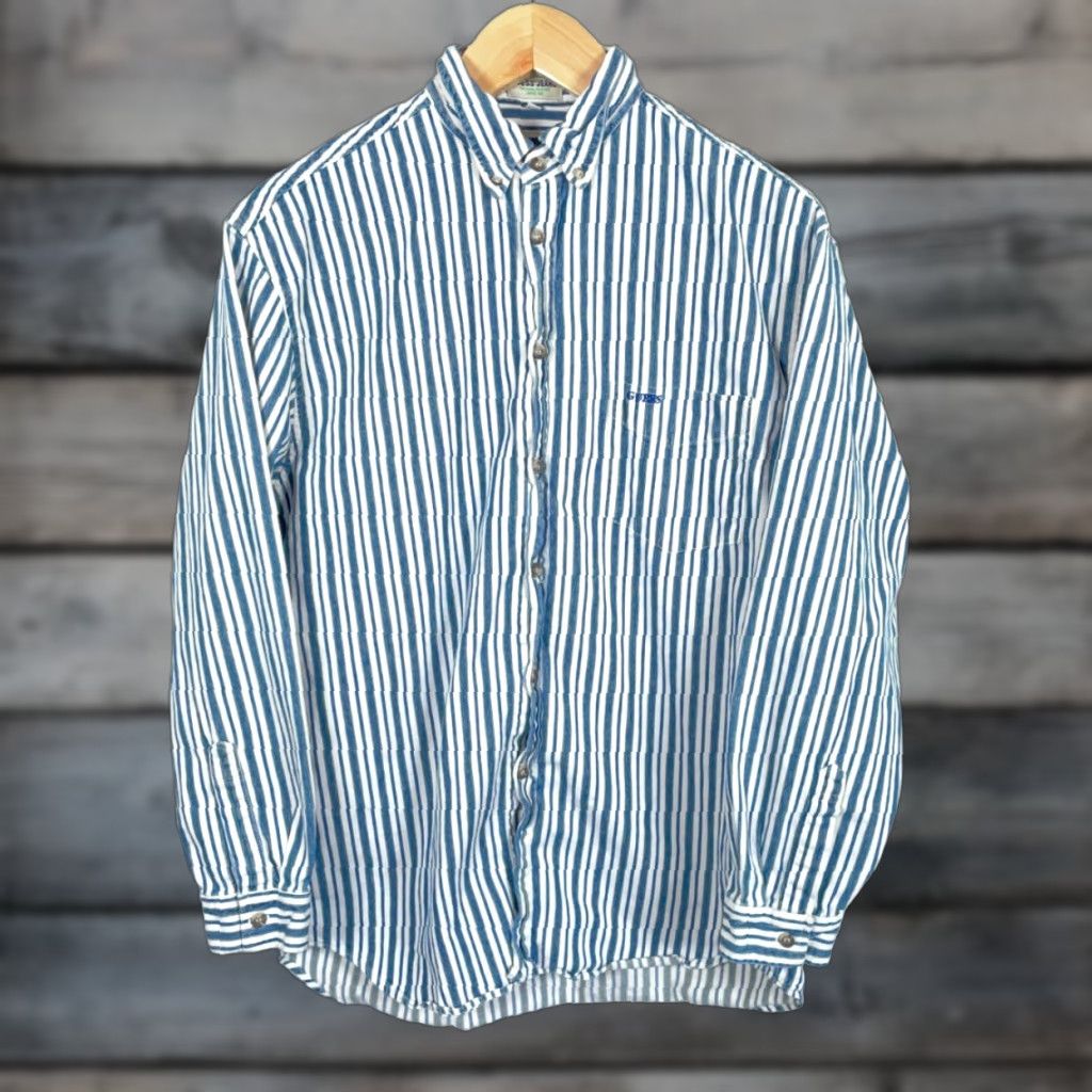 Guess VINTAGE GUESS Jeans Striped Long Sleeve Shirt Men's Medium Blue White Button-Down Collar 90s Casual USA Tag Mens Size US M / EU 48-50 / 2 - 1 Thumbnail