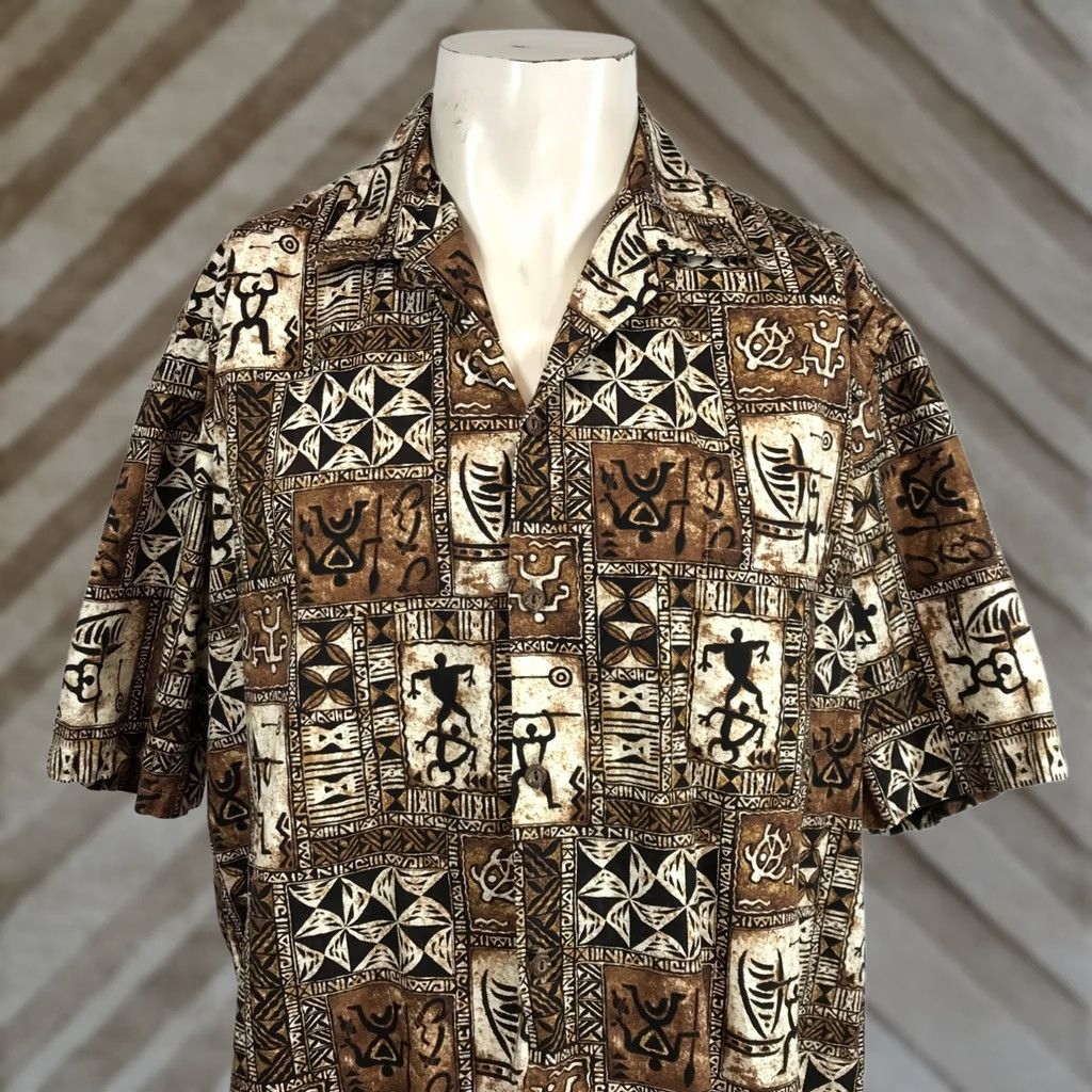 Vintage VINTAGE Blue Turtle Shirt Hawaiian Button-Up Short Sleeve Collared Brown Tribal Petroglyph Geometric XL Mens Size US XL / EU 56 / 4 - 1 Thumbnail