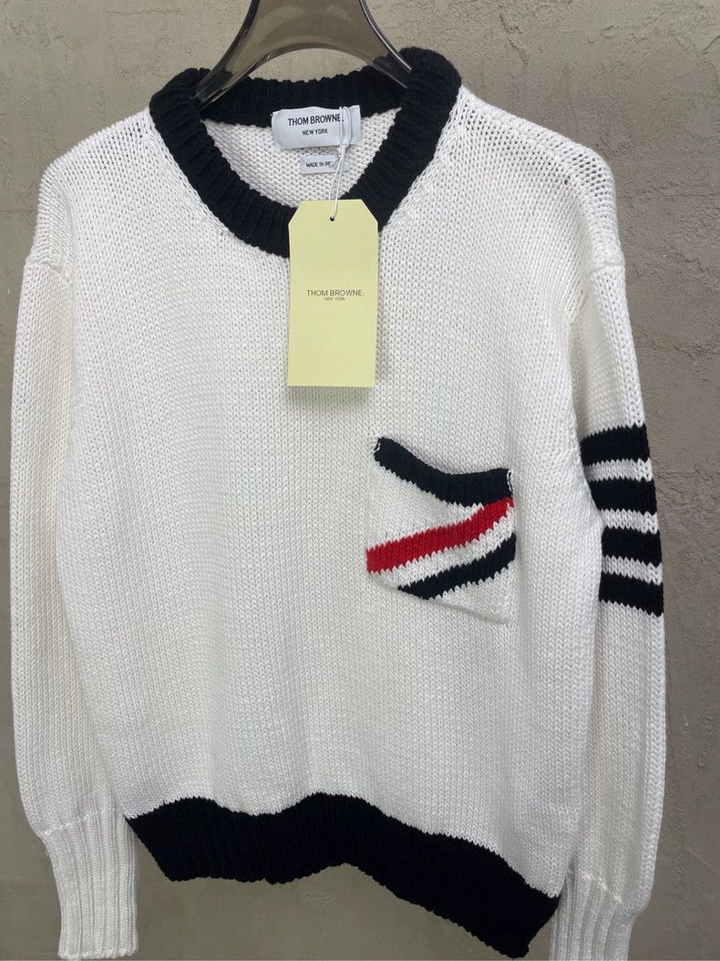 Thom Browne Thom browne White pocket striped twill round-neck knitted s Size US M / EU 48-50 / 2 - 3 Thumbnail