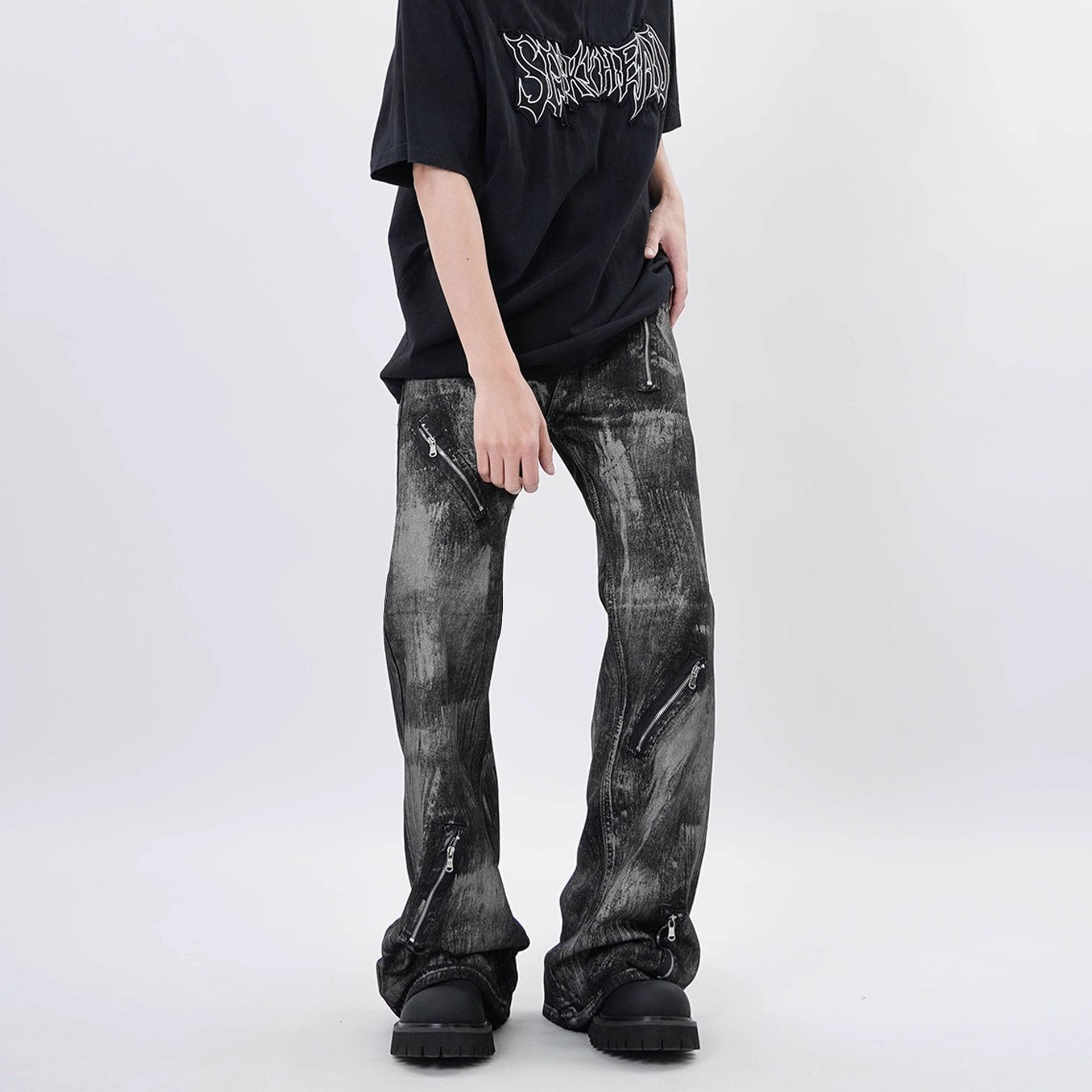 Japanese Brand Retro loose tie dye zipper micro flared jeans Size US 32 / EU 48 - 2 Thumbnail