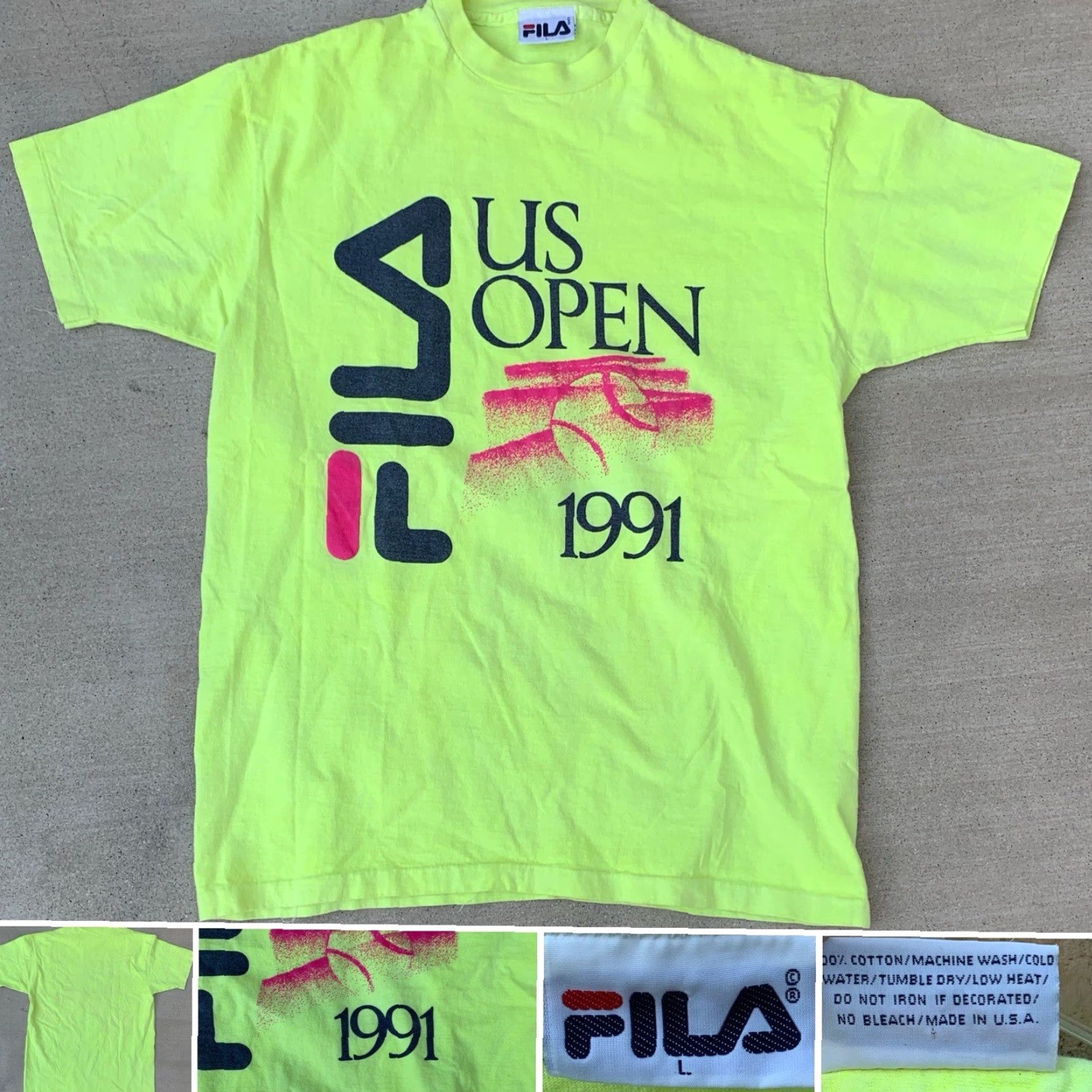 Fila VINTAGE FILA US OPEN 1991 T Shirt Graphic Tee Neon Yellow 90s 1990s Size L Mens Cotton Short Sleeve Graphic Print Open Size US L / EU 52-54 / 3 - 2 Thumbnail