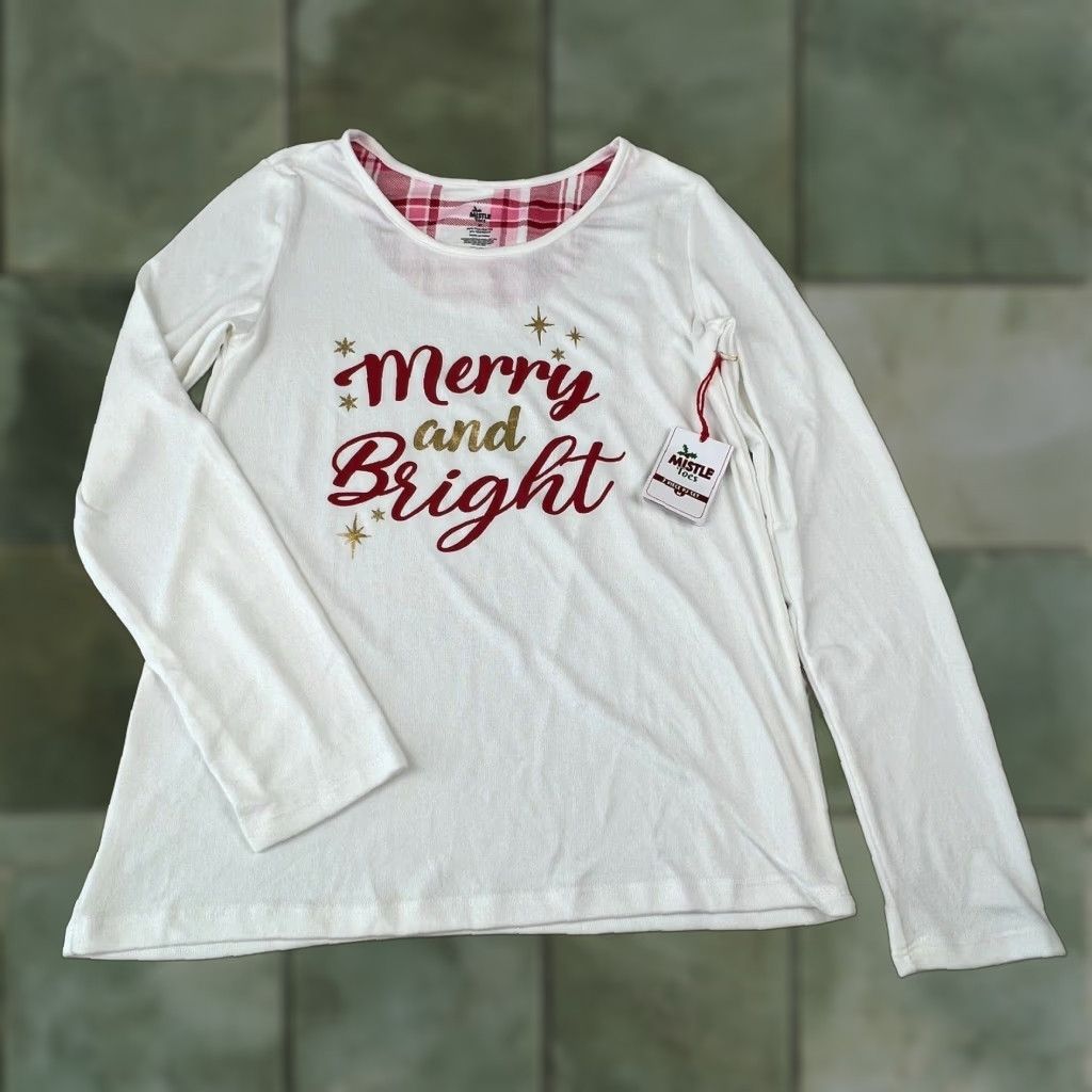 Vintage Mistle Toes Womens Pajama Top Medium Cream Christmas Merry and Bright New - Ivory - Long Sleeve Round Neck Knit Polyester Spandex 2 Piece Top Only"} Size M / US 6-8 / IT 42-44 - 1 Thumbnail