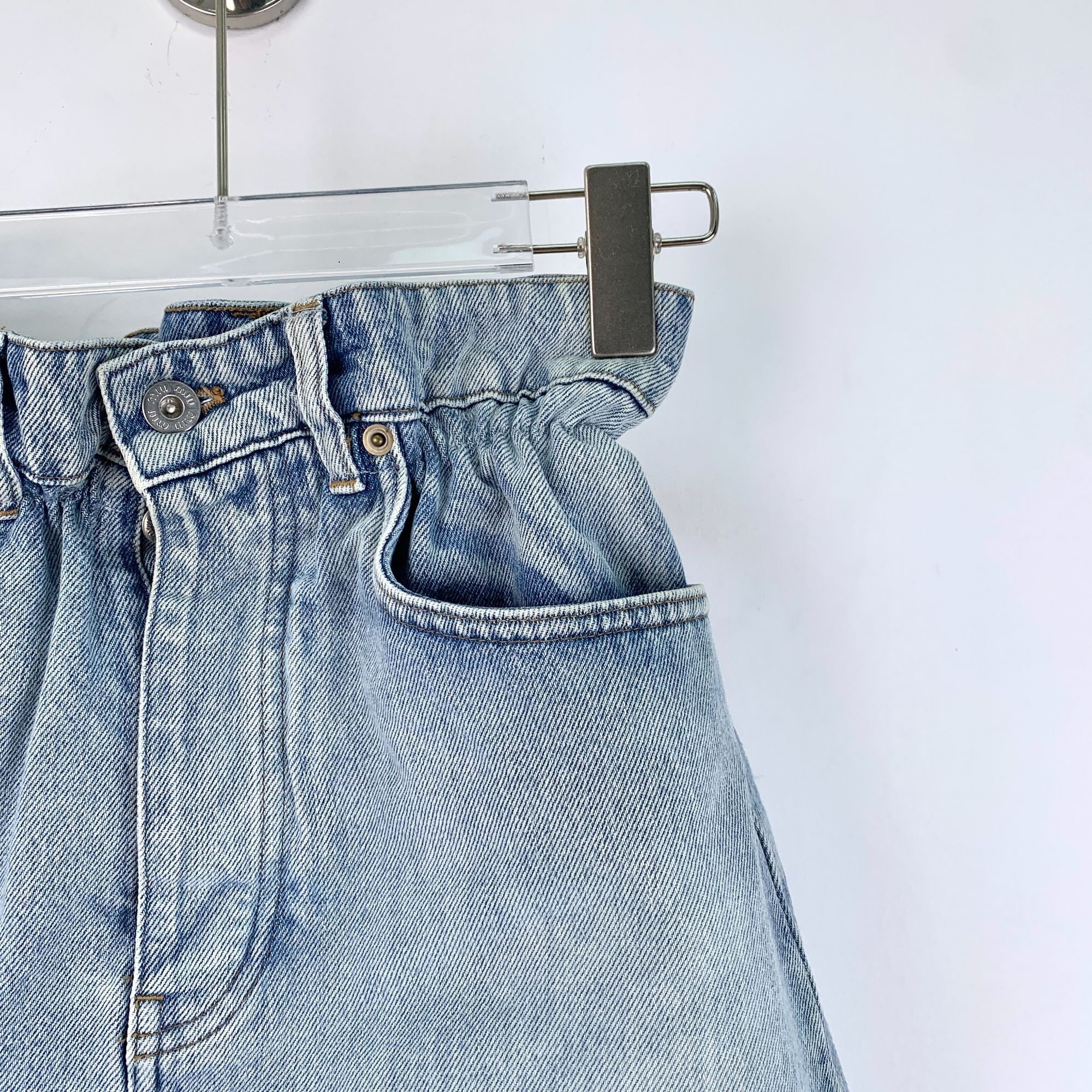 Miu Miu Miu Miu Blue Denim Skirt With Frayed Hem & Logo Pocket Size Size 25" / US 0 / IT 36 - 7 Thumbnail