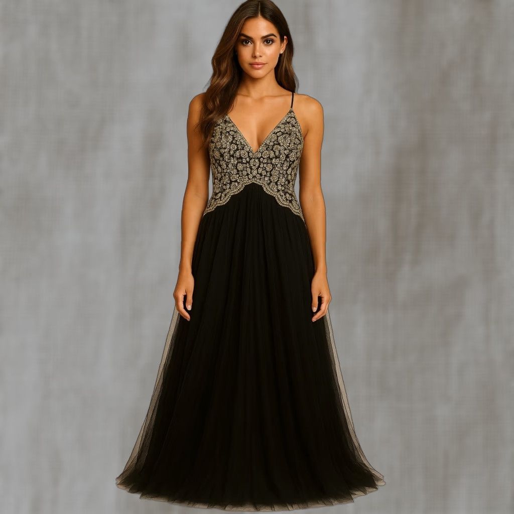Luxxel Ball Gown Dress Womens M Black Tulle Maxi Floral Prom Fairy Whimsigoth Grunge