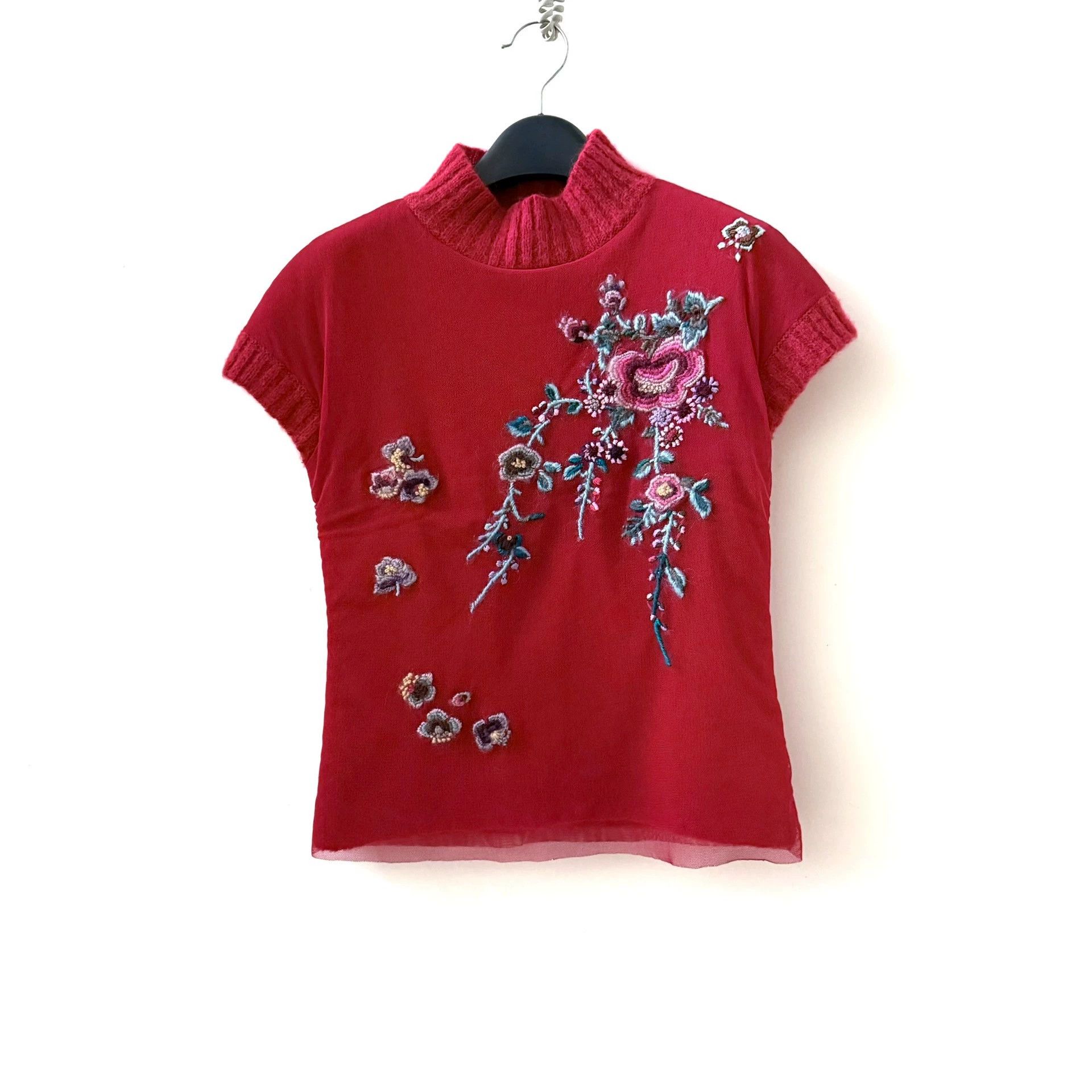 Vivienne Tam Vivienne Tam Chinese Red Plush Knit Tulle Embroidered Floral Top Size XS / US 0-2 / IT 36-38 - 1 Thumbnail