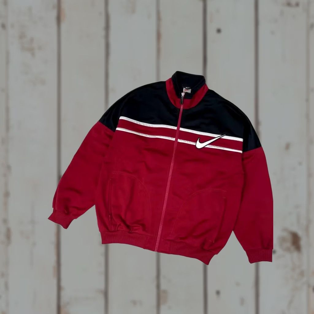 Nike VINTAGE Nike Tracksuit Jacket Nike Tracksuit Pants 90s Mens M Black Red Nike Swoosh 2 Piece Set Vintage 90s Theme Mens Size M Black Red Tracksuit Size 40R - 1 Thumbnail
