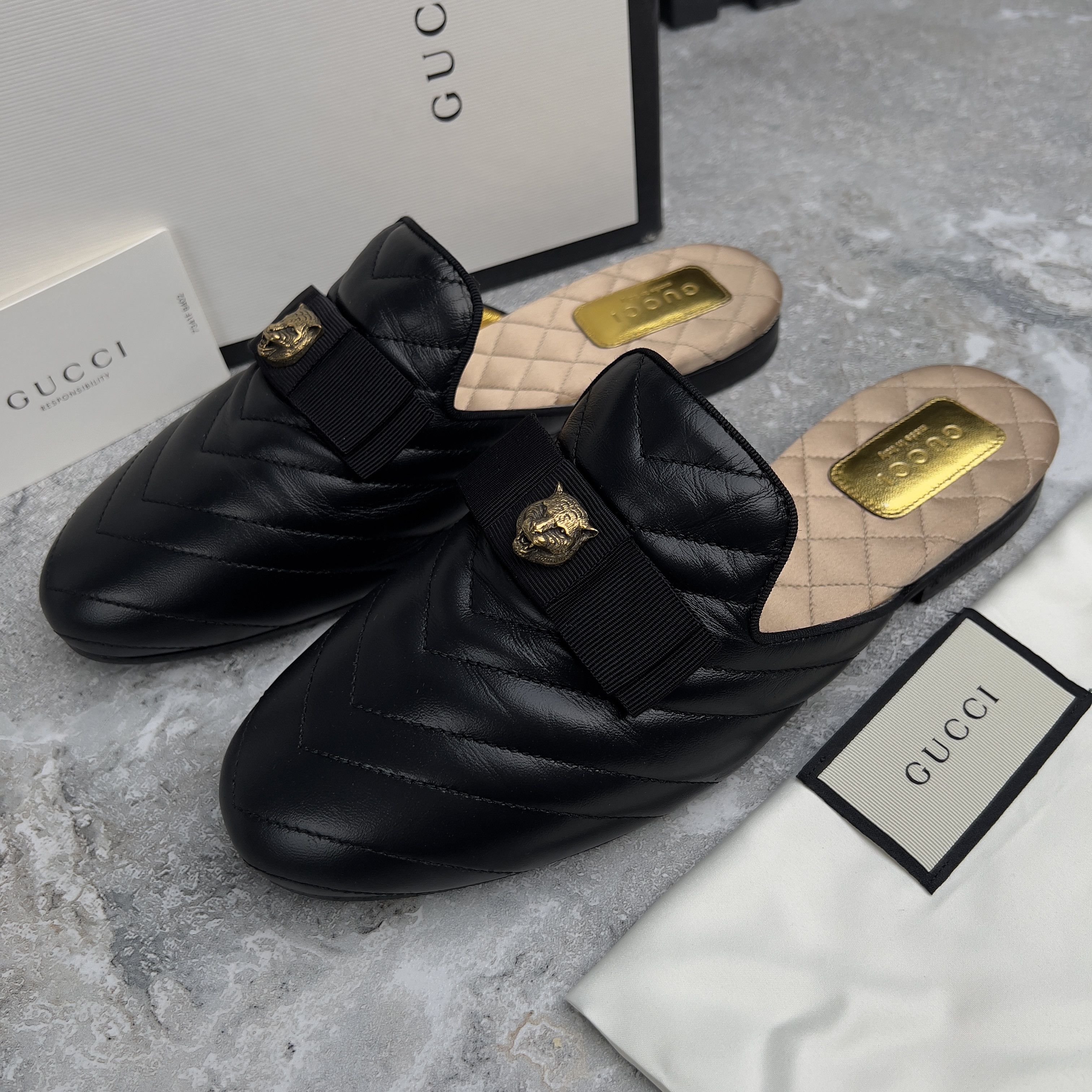 Gucci Matelassé Tiger Head Flat Mules Leather 36.5 EUR Size US 6.5 / IT 36.5 - 1 Thumbnail