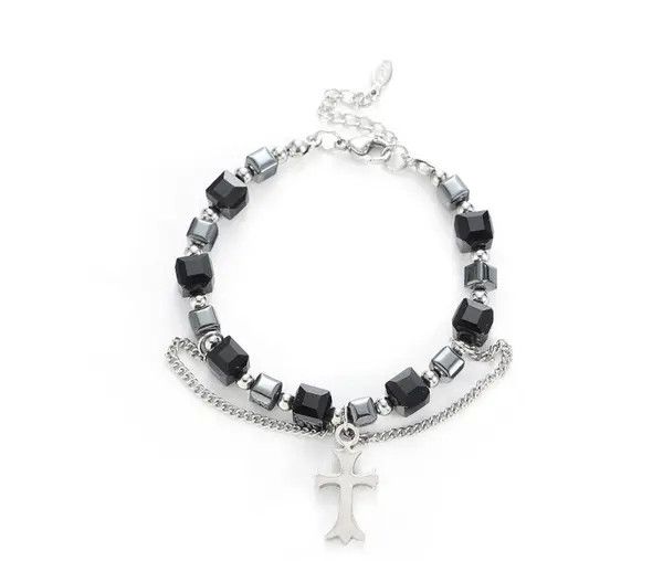 Jewelry Black Beaded Cross Charm Men's Bracelet Size ONE SIZE - 5 Thumbnail