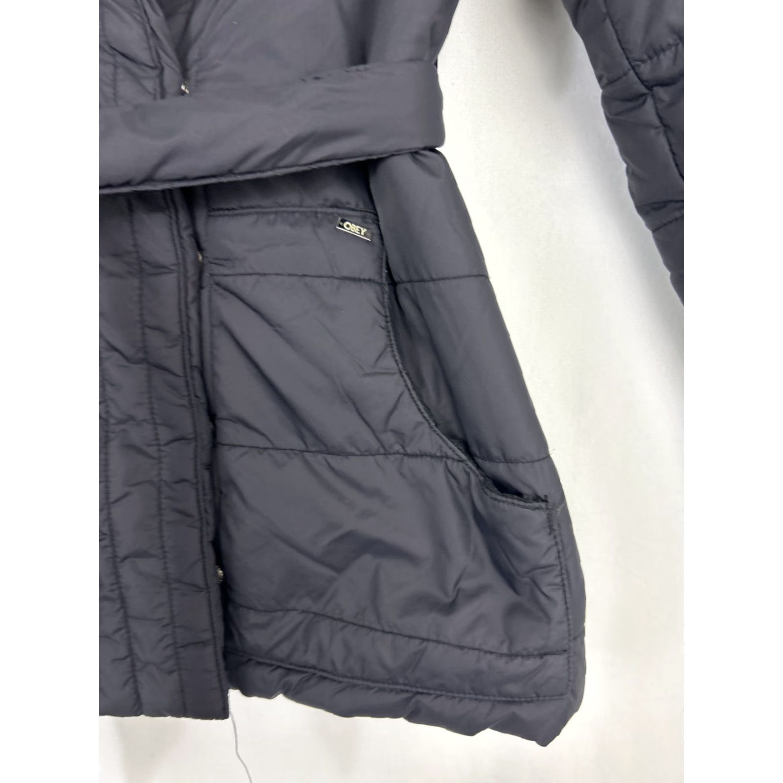 Obey OBEY Womens Medium Black Jacket Half Zip Button Belted Puffer Faux Sherpa Size M / US 6-8 / IT 42-44 - 4 Thumbnail