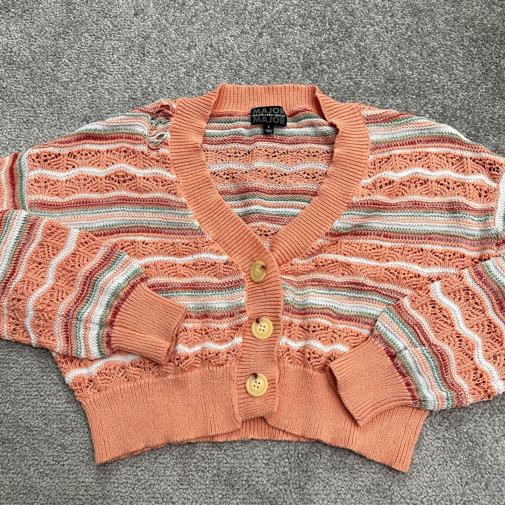 Vintage Major Label Group Cardigan Women S Orange Striped Crochet Cotton Spandex Open-Knit Button Logo Breathable Lightweight Casual Womens Size S / US 4 / IT 40 - 3 Thumbnail