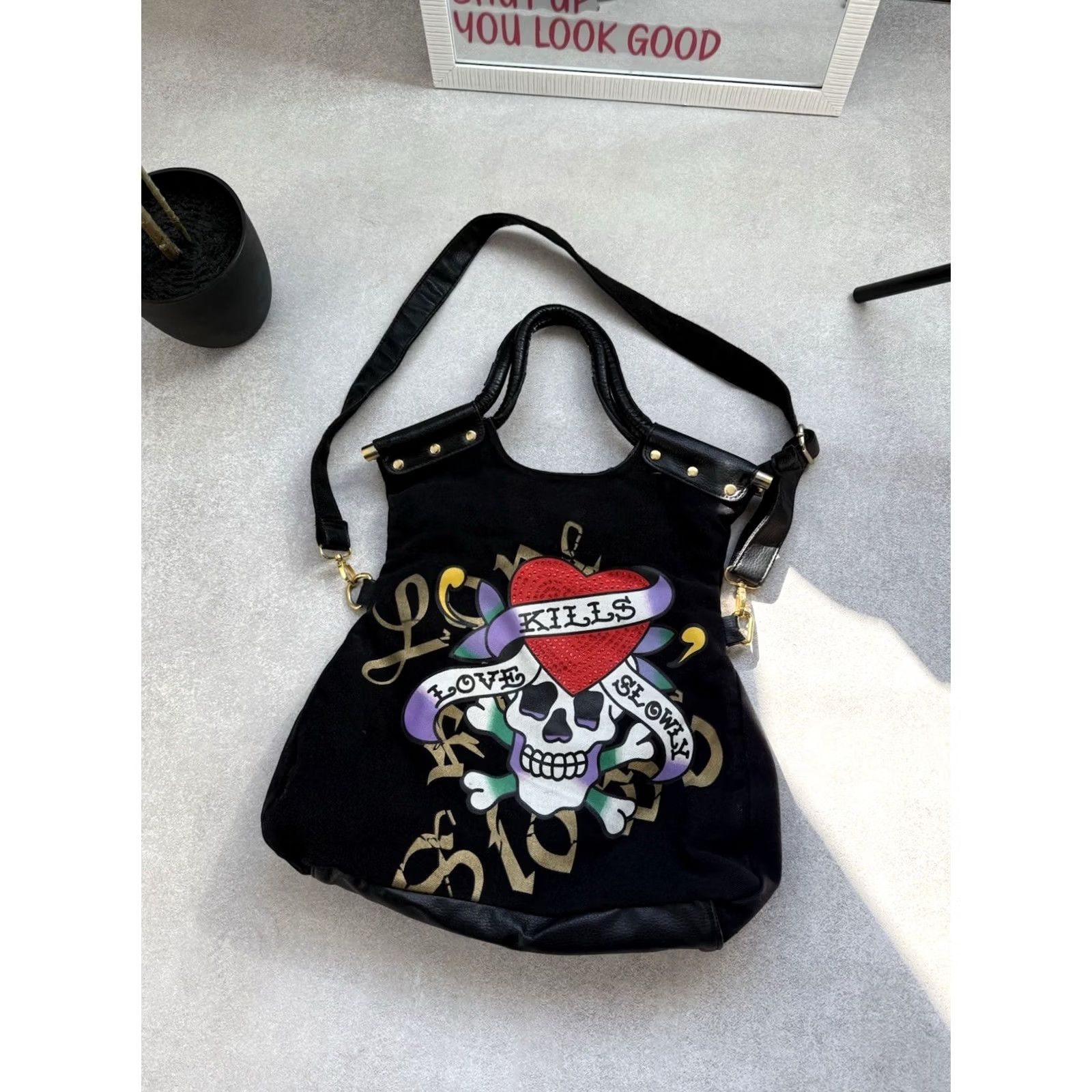 Ed Hardy Ed Hardy Love Kills Slowly Skull Heart Shoulder Bag Black Y2K Crossbody Tote Size ONE SIZE - 3 Thumbnail