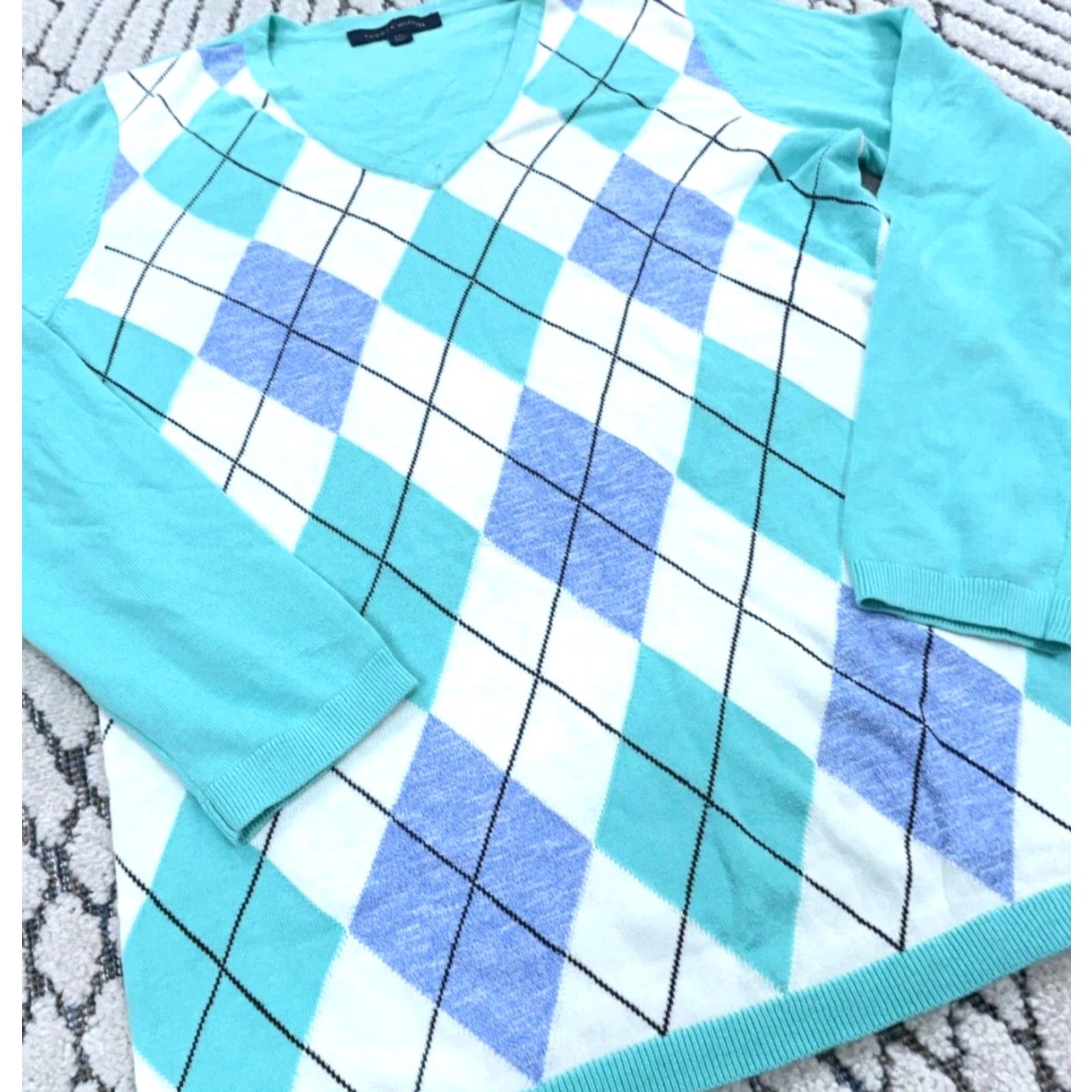 Tommy Hilfiger Tommy Hilfiger Sweater Women L Blue Teal V-Neck Knit Pullover Argyle Embroidered Logo Womens Size L / US 10 / IT 46 - 2 Thumbnail