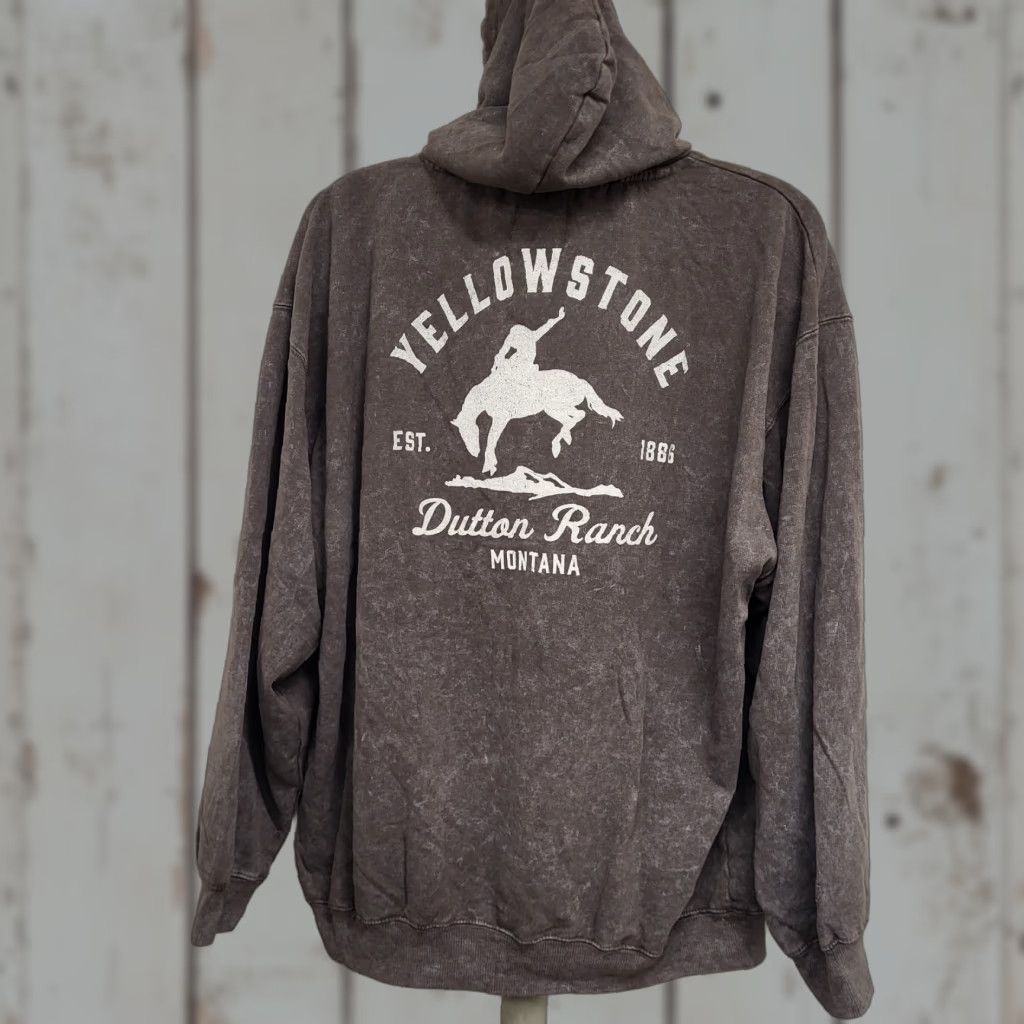 Vintage Yellowstone Dutton Ranch Hoodie Mens 2XL Brown Mineral Wash Montana Pull-Over Shirt Size US XXL / EU 58 / 5 - 1 Thumbnail