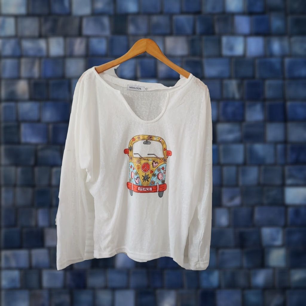 Vintage Misslook Top Womens XL White L/S Graphic Design Pullover Bus Peace Sign Blouse Casual Sleeve Knit Cotton Blend Round Neck Machine Washable Women Size XL / US 12-14 / IT 48-50 - 1 Thumbnail