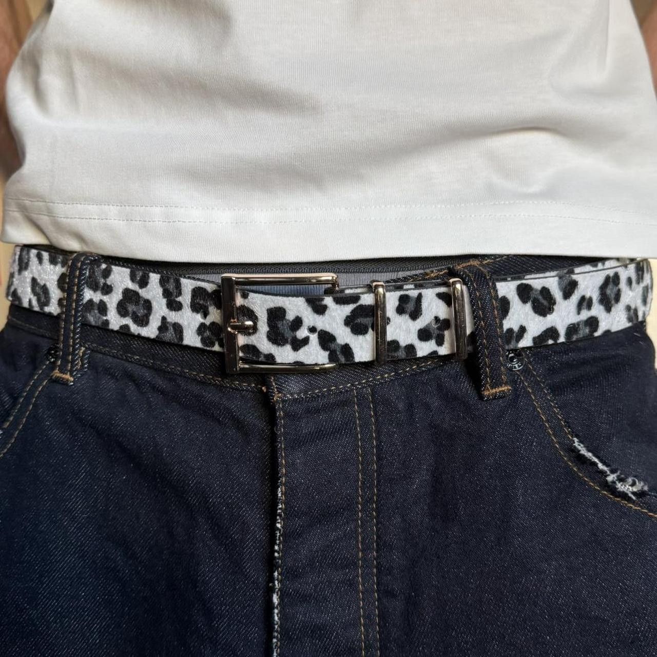 Japanese Brand Drippy style white and black cheetah leopard print belt Size 32 - 5 Thumbnail