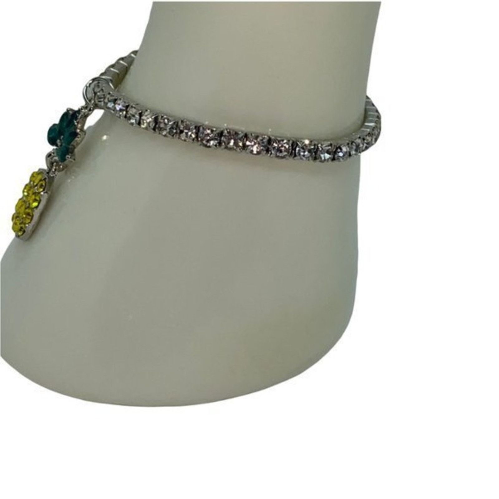 Boutique Moschino Silver Green Yellow Pineapple Rhinestone Stretch Bracelet Size ONE SIZE - 4 Thumbnail