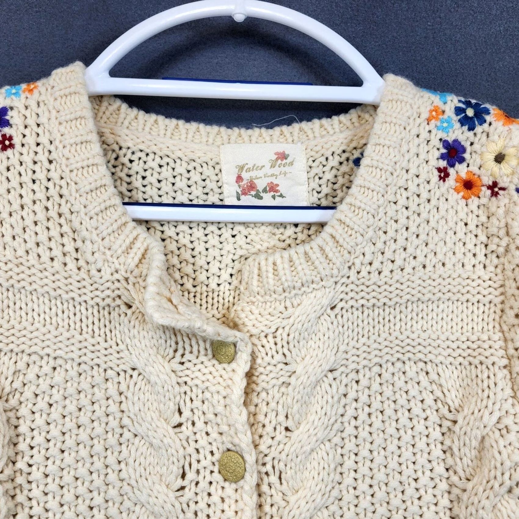 Vintage Water Wood Womens Cardigan Sweater Small Cream Embroidered Floral Cable Knit Size S / US 4 / IT 40 - 6 Thumbnail