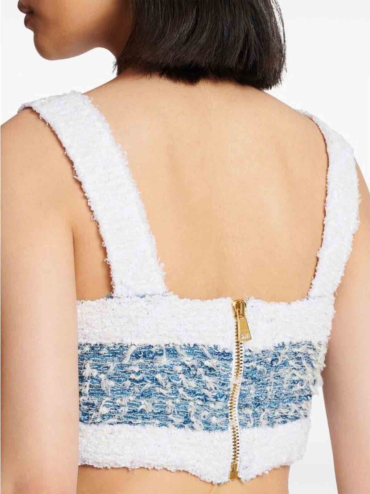 Balmain o1s1wg110825 Tweed Square Neck Top in Blue/White Size XL / US 12-14 / IT 48-50 - 4 Thumbnail