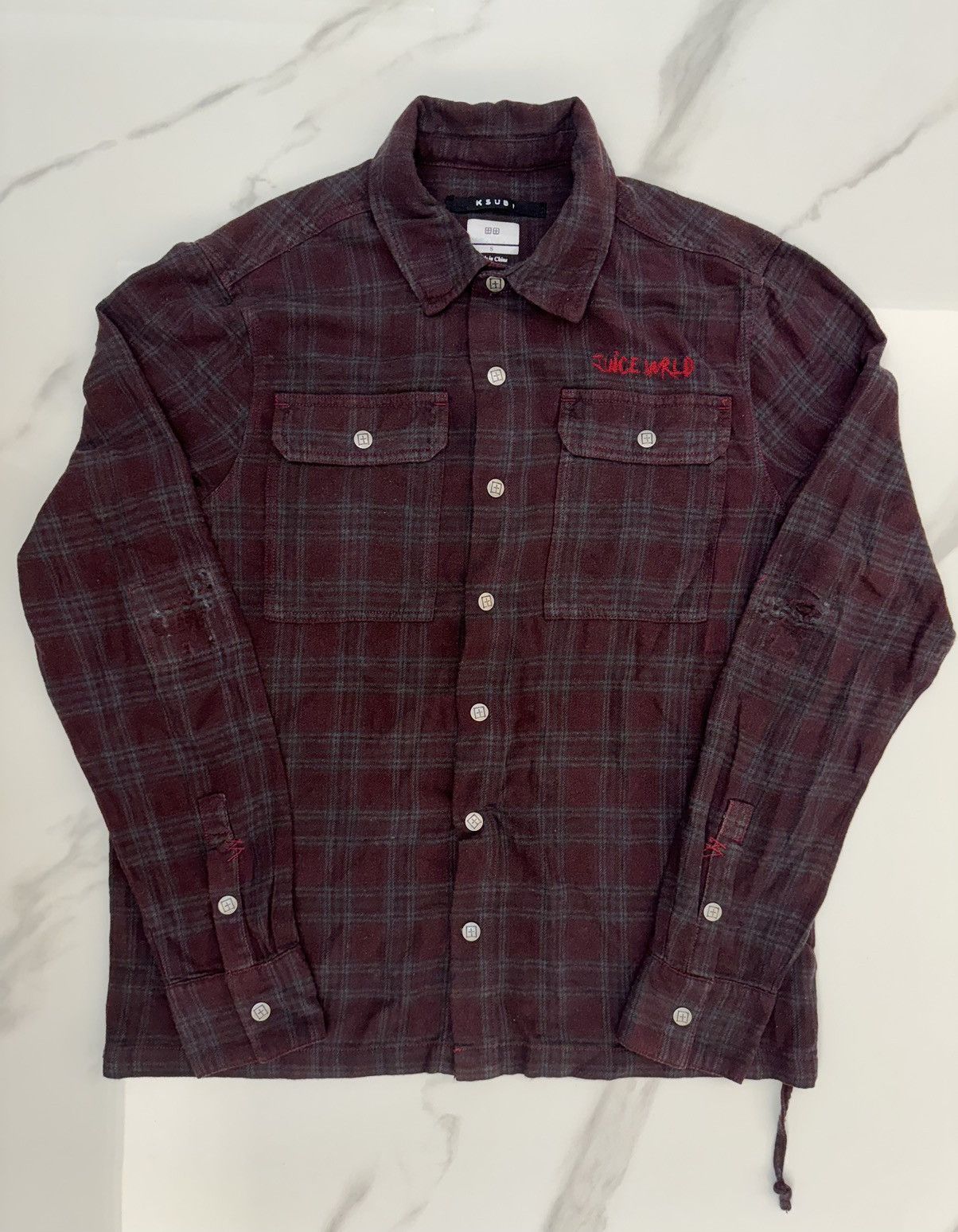 image of 999 Club x Ksubi Spliced 999 Long Sleeve Shirt Half Tone in Burgundy Plaid, Men's (Size Small)