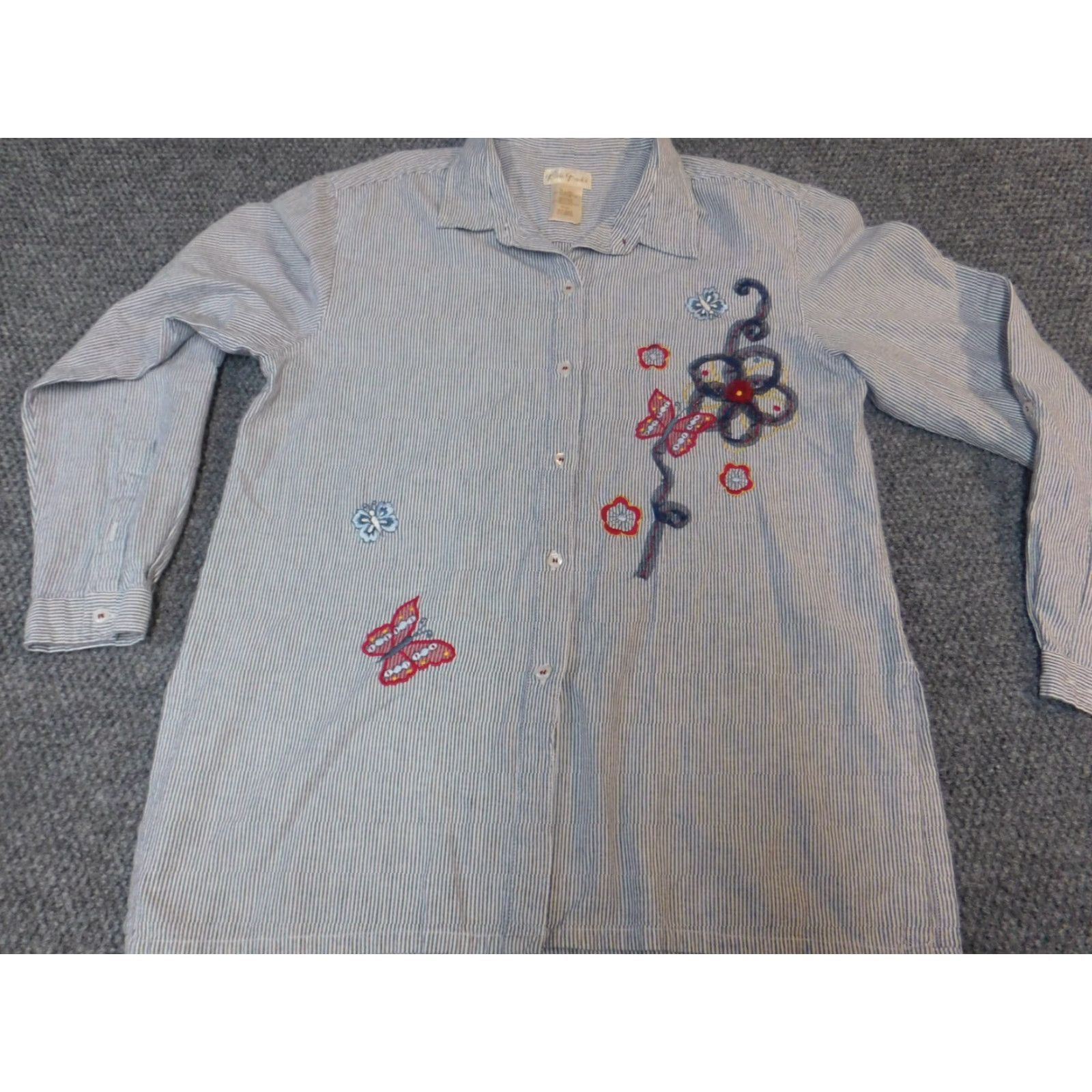 Vintage Bobbie Brooks Womens Button-Up Shirt L Blue Striped Floral Pattern Casual Long Sleeve Collared Ruffle Down Breathable Regular Polyester Vintage No Size L / US 10 / IT 46 - 2 Thumbnail