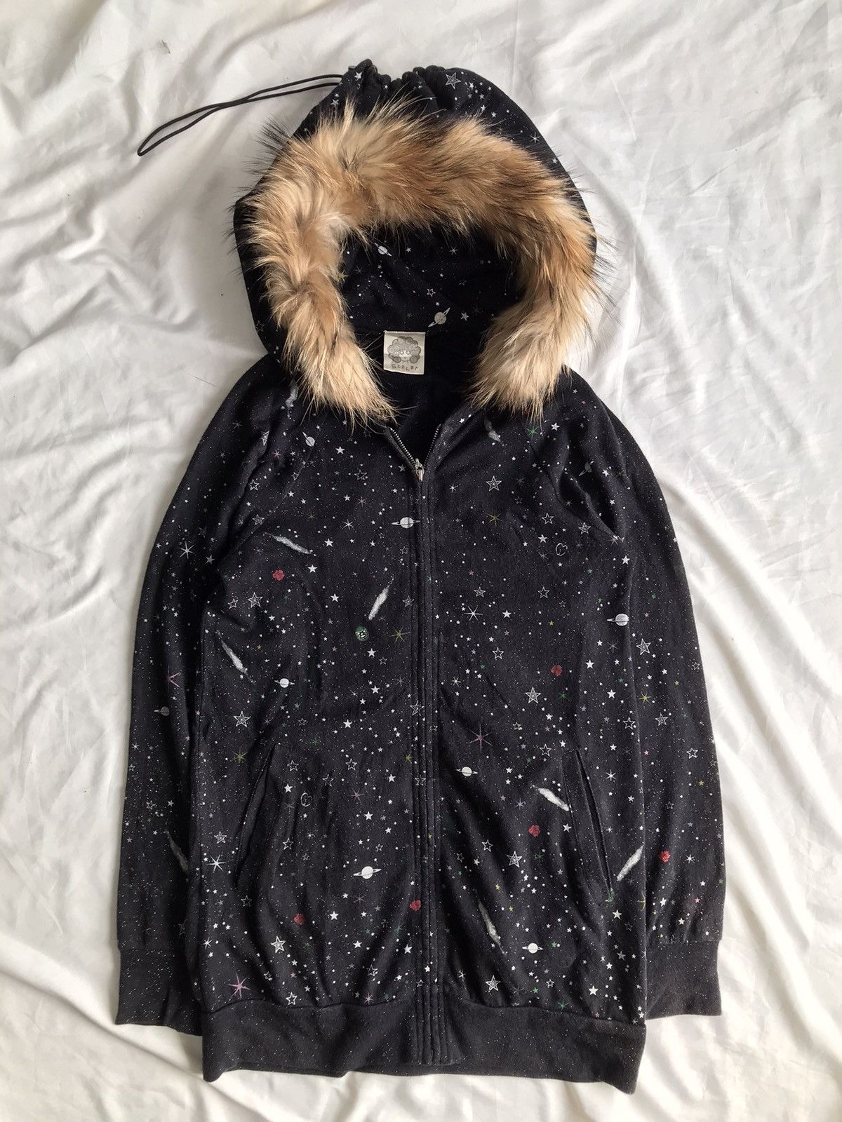 image of Hysteric Glamour x Kmrii Japanese Scolar Fur Hoodie Glitter Galaxy Style in Black (Size Medium)