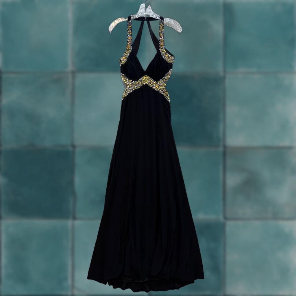 Vintage VINTAGE Y2K Prom Dress 10 Large Black Rhinestone Backless Maxi Formal Cocktail Masquerade Dress Women Size L / US 10 / IT 46 - 1 Thumbnail
