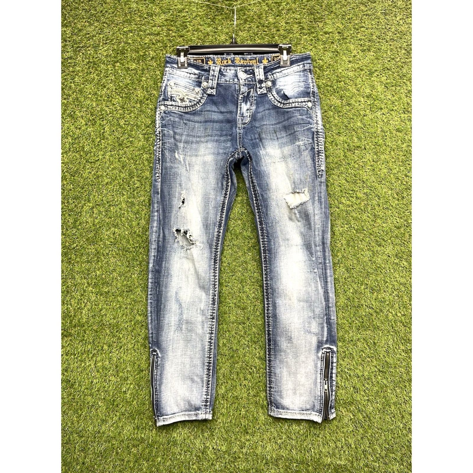 Vintage Rock Revival Jeans Mens 30 Straight Leg 5-Pocket Distressed Grunge Denim Blue Size US 30 / EU 46 - 2 Thumbnail