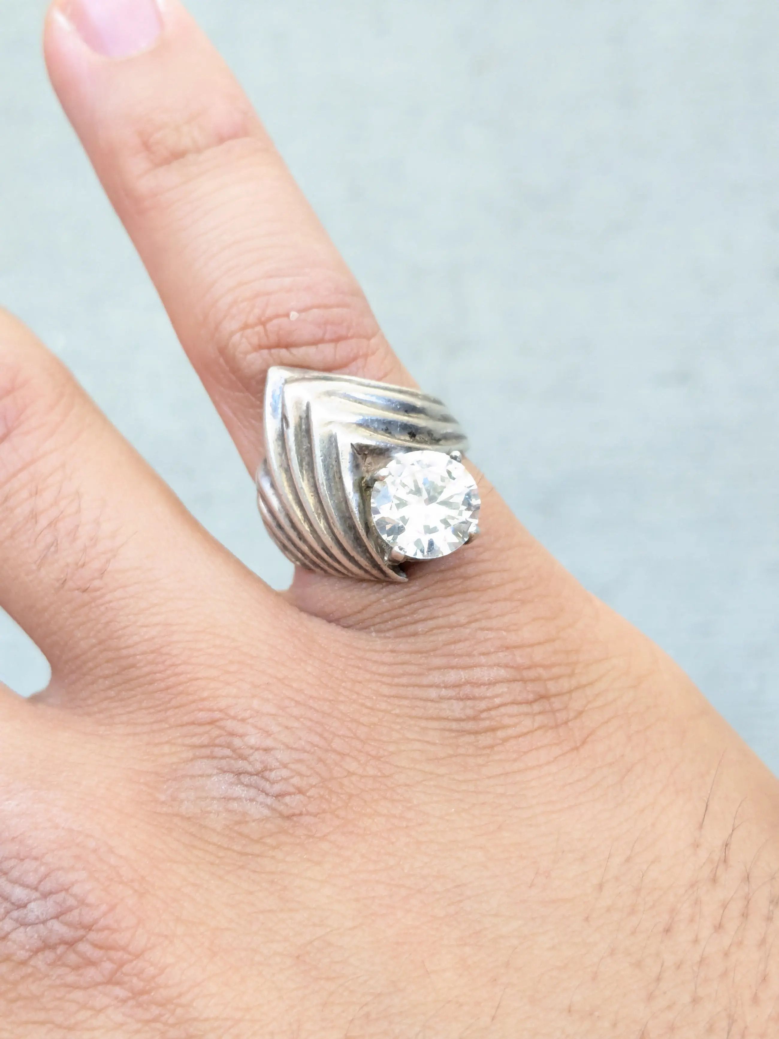 Jewelry × Vintage Sterling Silver Ring CZ Clear Round 7 Mexico Taxco Modern Size ONE SIZE - 11 Thumbnail