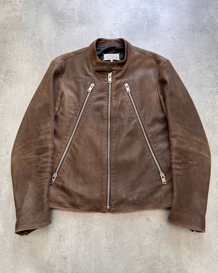 Pre-owned Maison Margiela Ss2017  5-zip Biker Faded Leather Jacket (m) In Brown