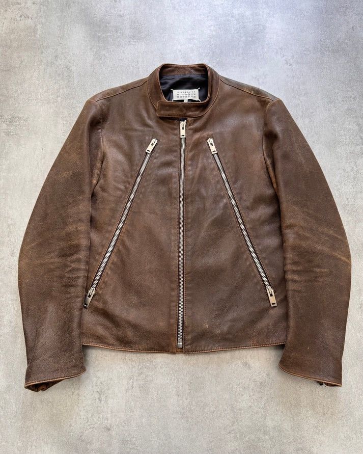 Image of Ss2017 Maison Margiela 5-Zip Biker Faded Leather Jacket (M) in Brown, Men's (Size Medium)