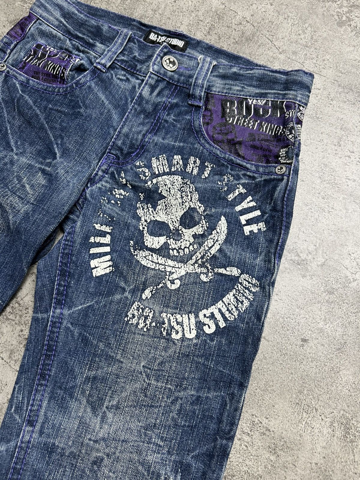 Japanese Brand 2000s Ba tsu Studio Skull Denim Pants Punk style Size US 26 / EU 42 - 3 Thumbnail