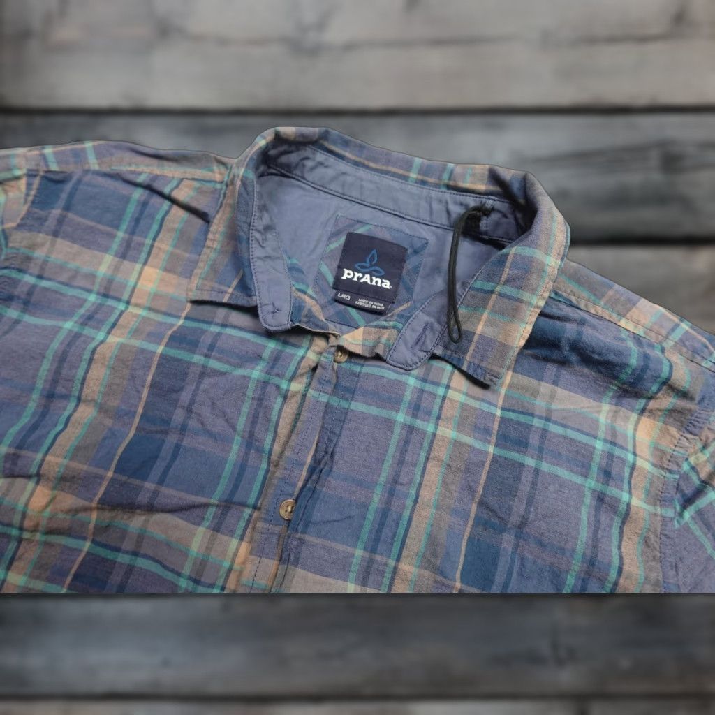 Prana VINTAGE? No. PrAna Shirt Mens Large Blue Plaid Short Sleeve Organic Cotton Casual Button Up Size US L / EU 52-54 / 3 - 1 Thumbnail